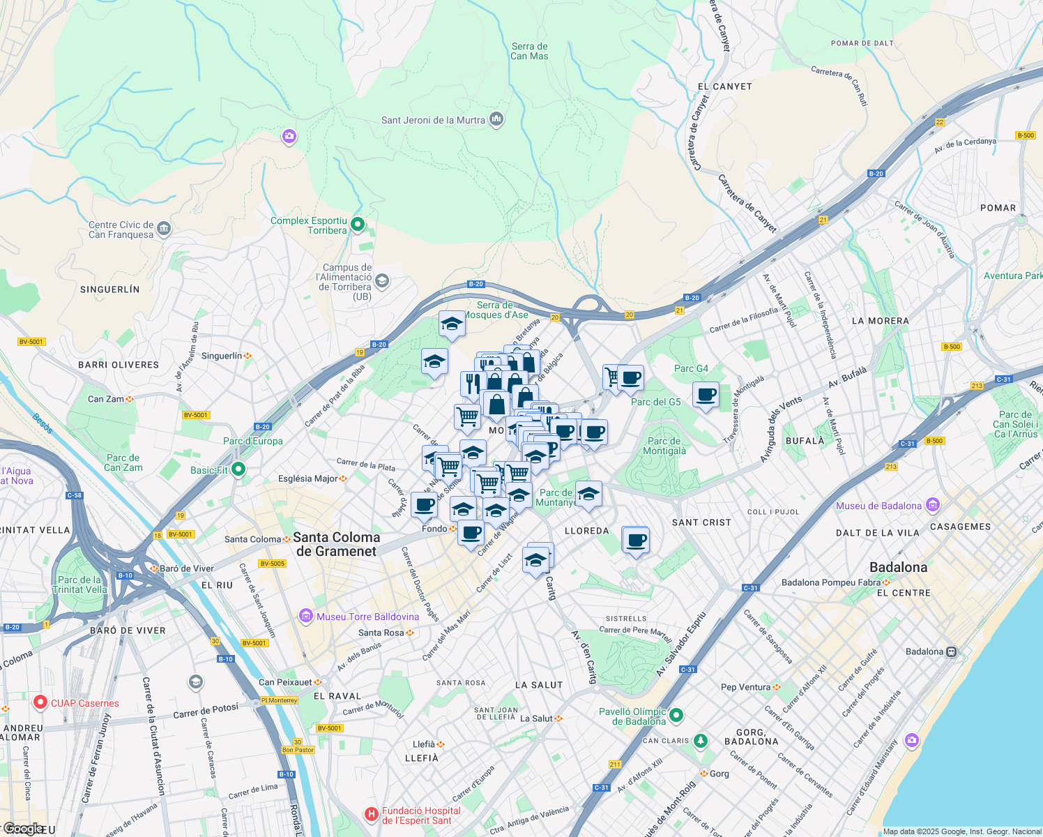 map of restaurants, bars, coffee shops, grocery stores, and more near 7 Avinguda de la Comunitat Europea in Badalona