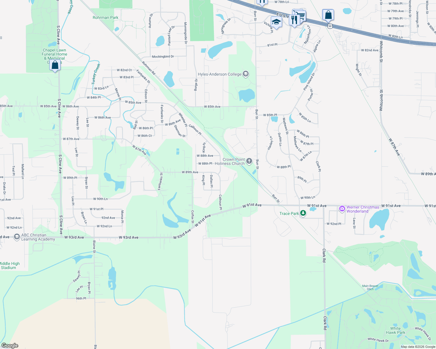 map of restaurants, bars, coffee shops, grocery stores, and more near Calhoun Place in Crown Point