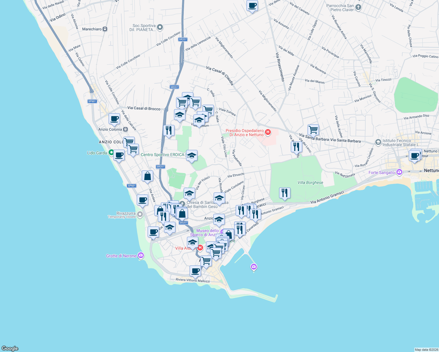 map of restaurants, bars, coffee shops, grocery stores, and more near 30 Via Roselle in Anzio