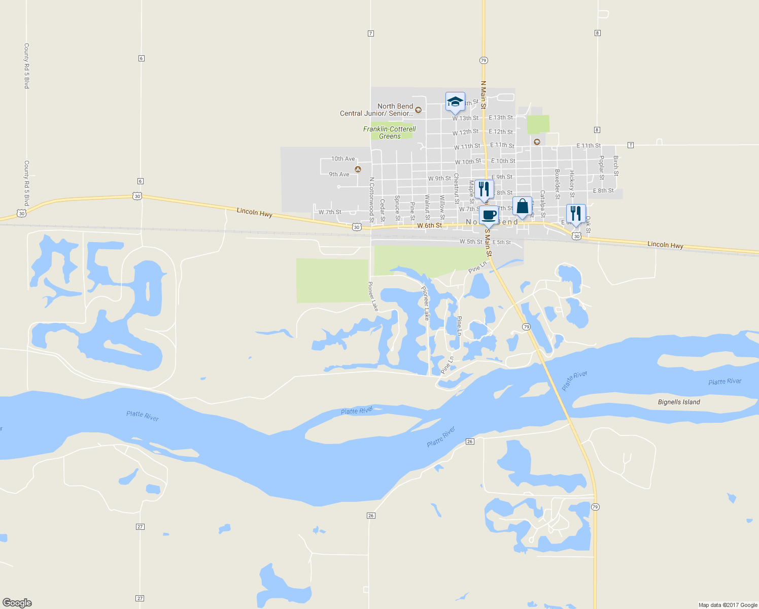 map of restaurants, bars, coffee shops, grocery stores, and more near 15 Pioneer Lake in North Bend
