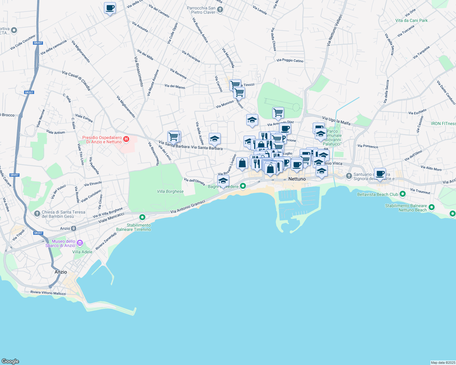 map of restaurants, bars, coffee shops, grocery stores, and more near 9A Via Emilia in Nettuno
