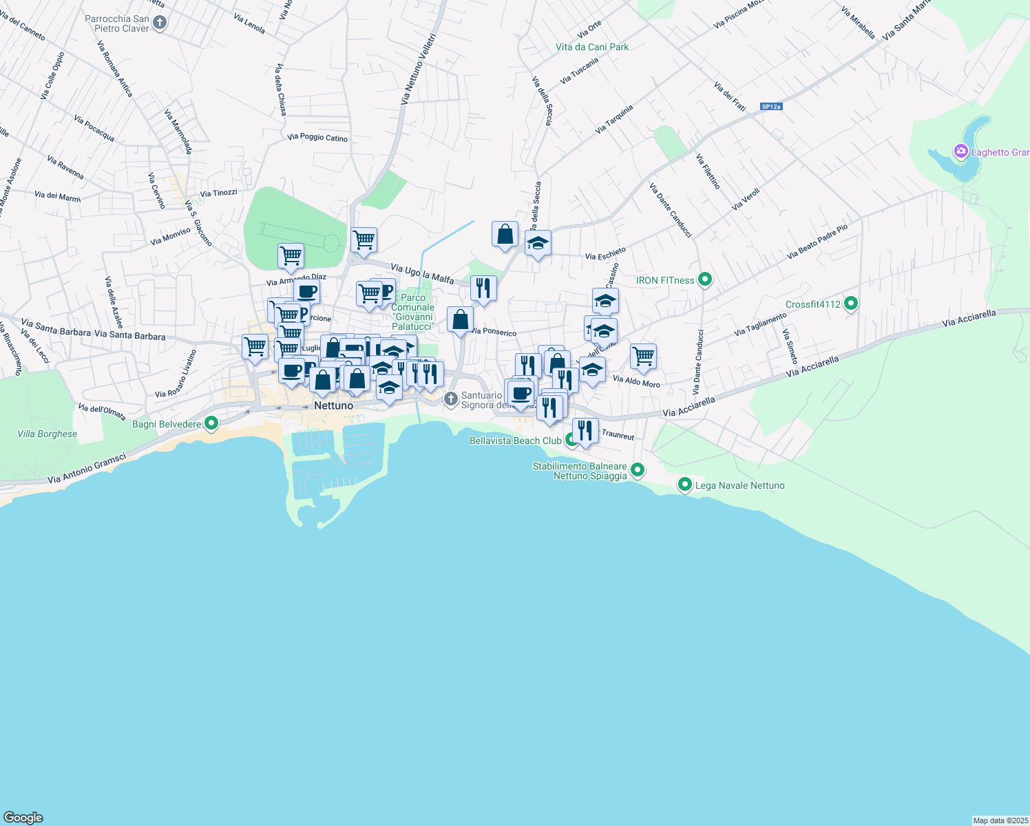 map of restaurants, bars, coffee shops, grocery stores, and more near 47 Via della Liberazione in Nettuno