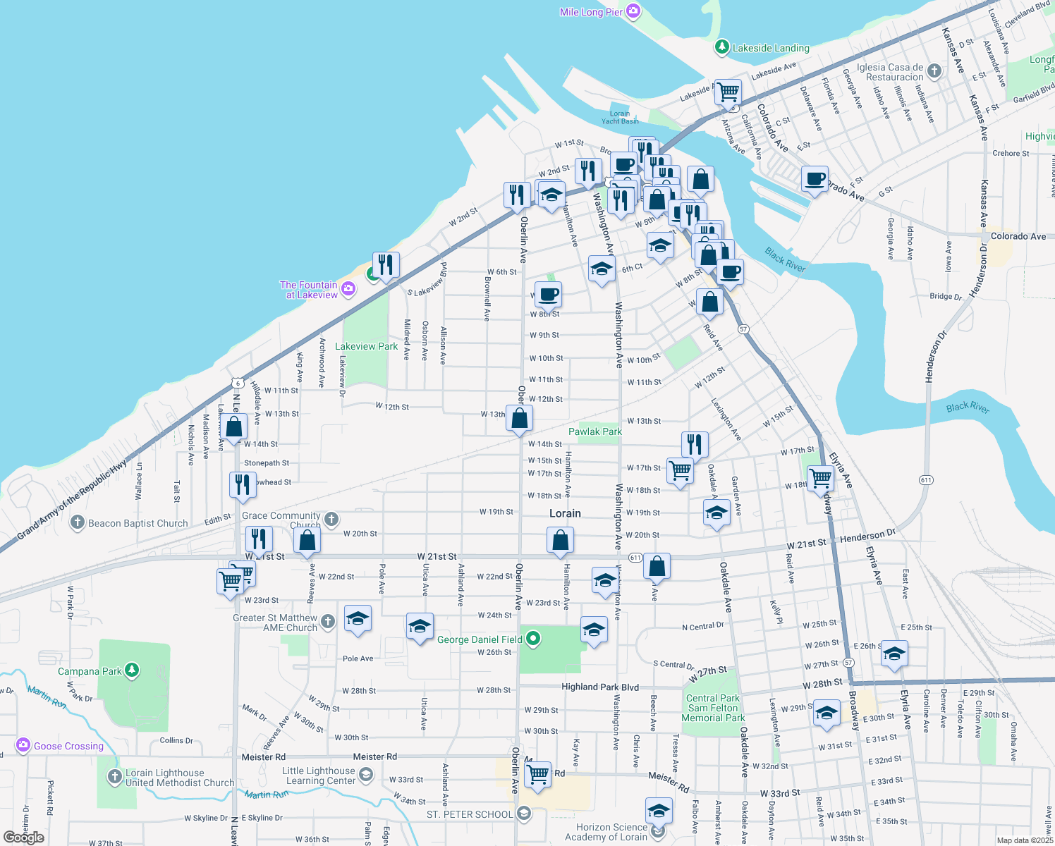 map of restaurants, bars, coffee shops, grocery stores, and more near 1305 Oberlin Ave in Lorain