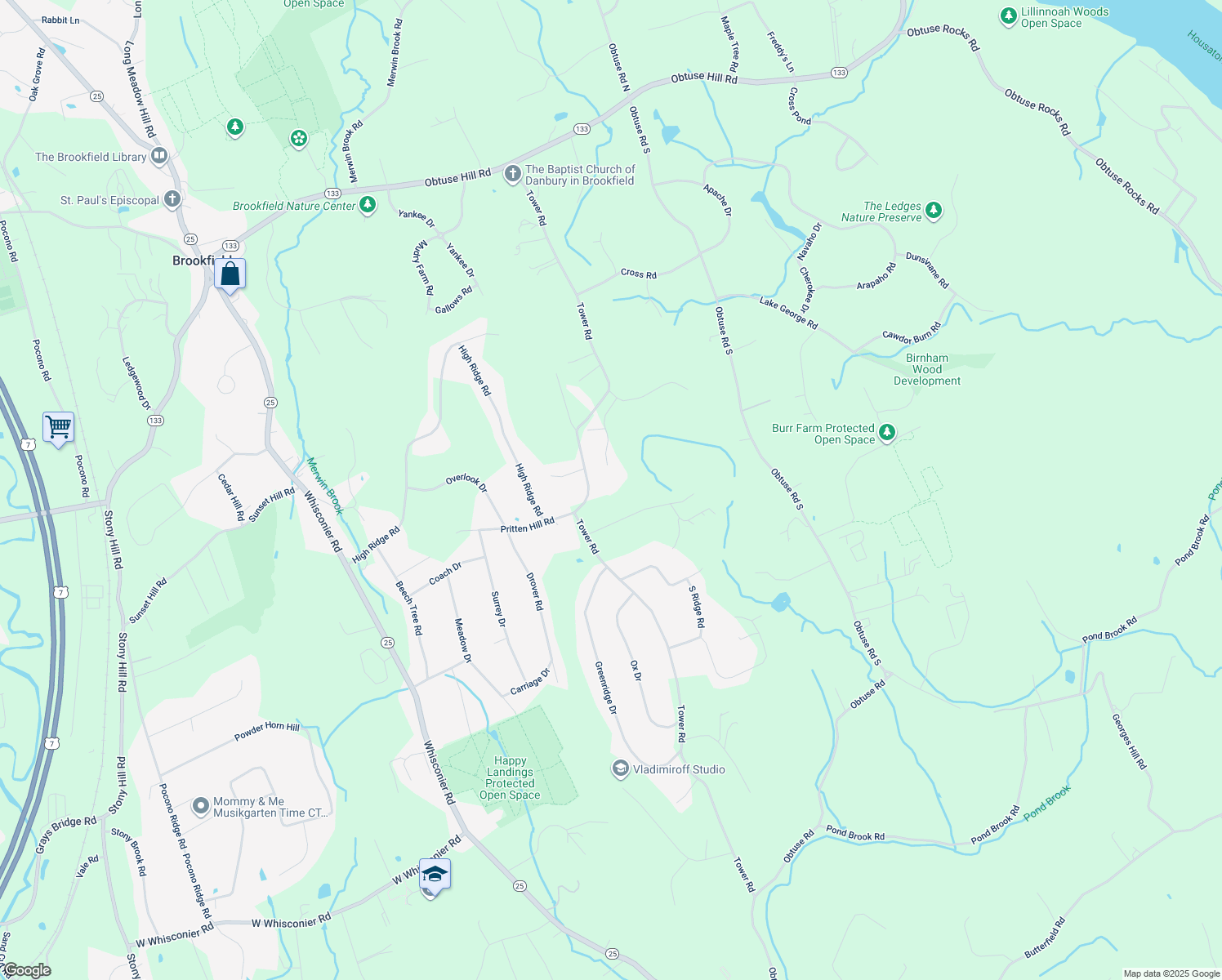 map of restaurants, bars, coffee shops, grocery stores, and more near 67 Tower Road in Brookfield