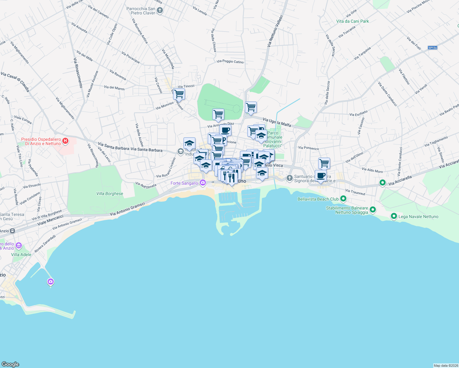 map of restaurants, bars, coffee shops, grocery stores, and more near 23 Piazza Giuseppe Mazzini in Nettuno