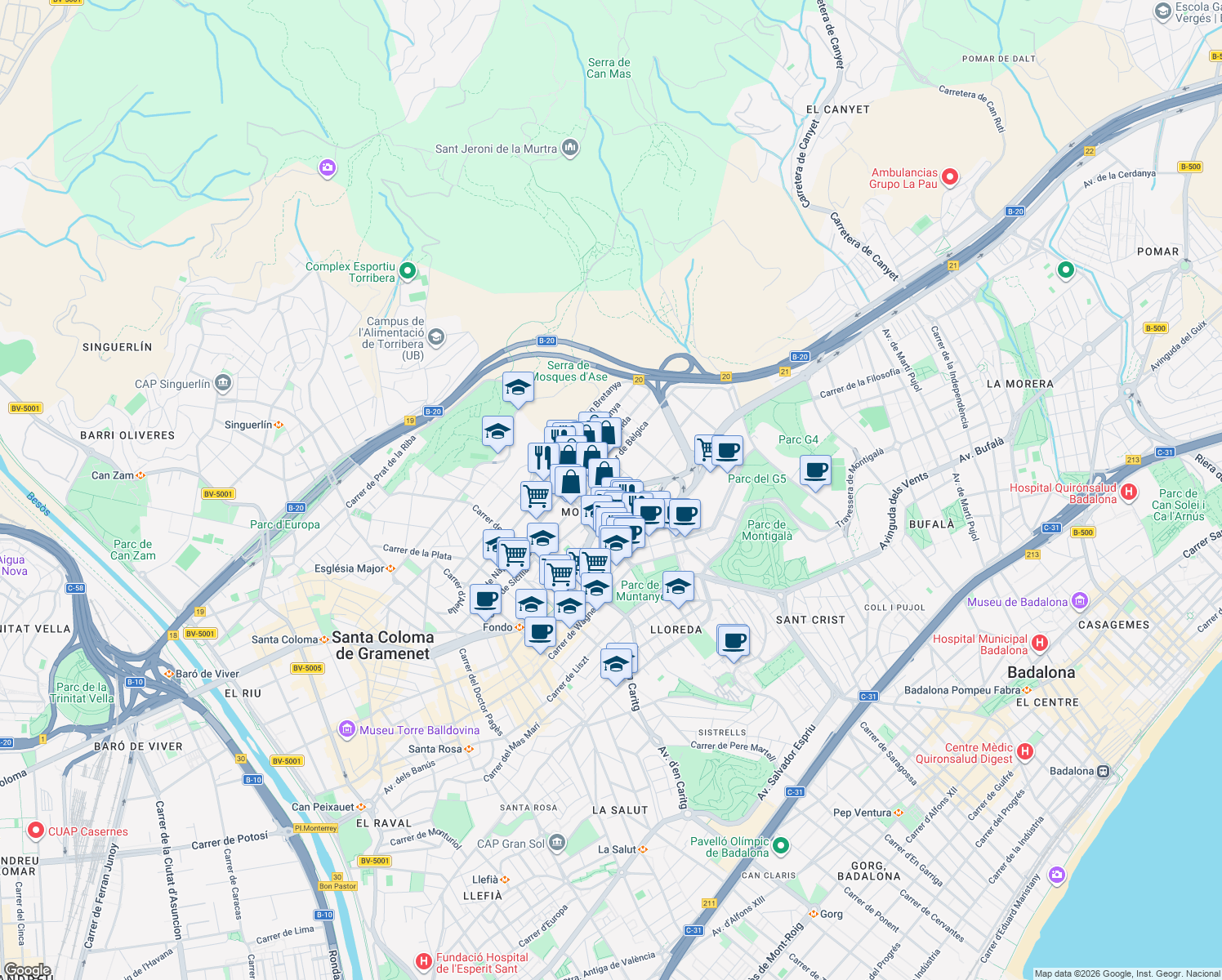 map of restaurants, bars, coffee shops, grocery stores, and more near 7 Avinguda de la Comunitat Europea in Badalona
