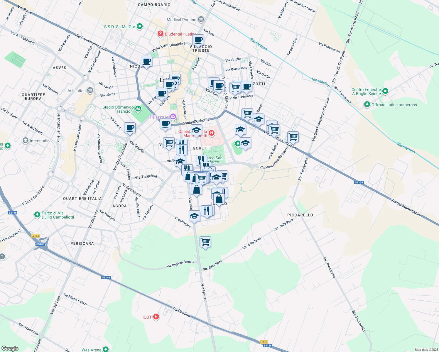 map of restaurants, bars, coffee shops, grocery stores, and more near 12 Via Sabaudia in Latina