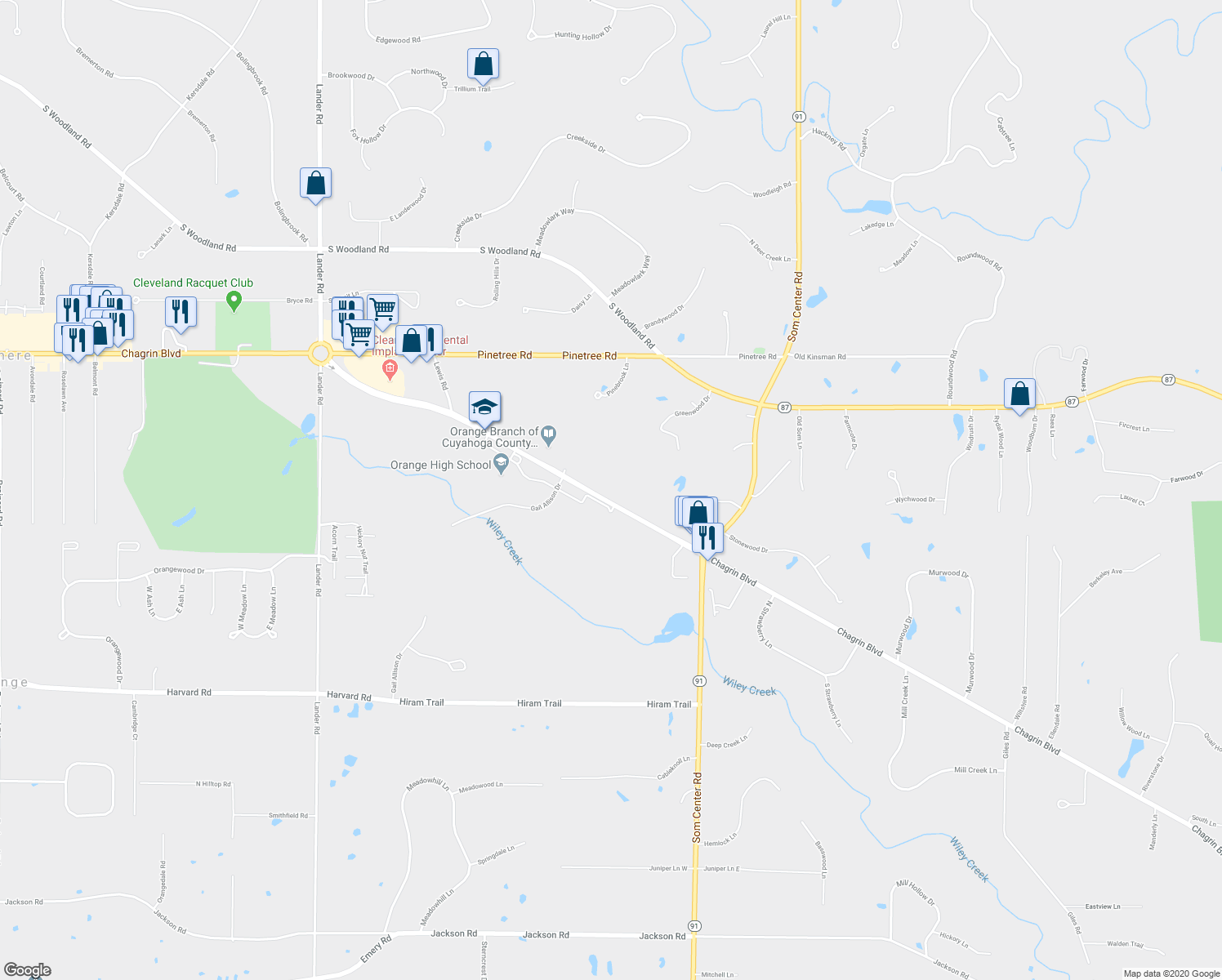map of restaurants, bars, coffee shops, grocery stores, and more near 33305 Chagrin Boulevard in Moreland Hills