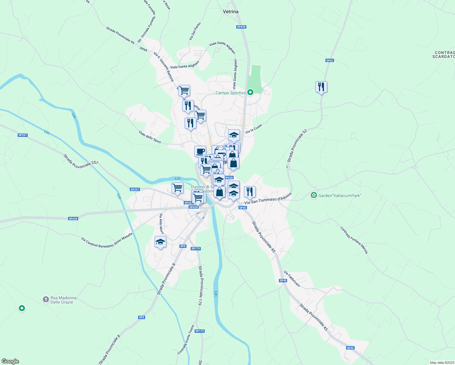 map of restaurants, bars, coffee shops, grocery stores, and more near 58 Strada Provinciale Leuciana in Pontecorvo