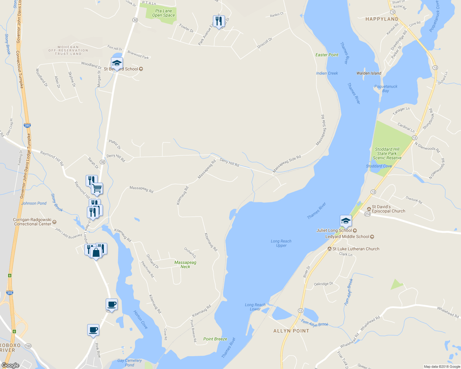 map of restaurants, bars, coffee shops, grocery stores, and more near 43 Riverview Road in Montville