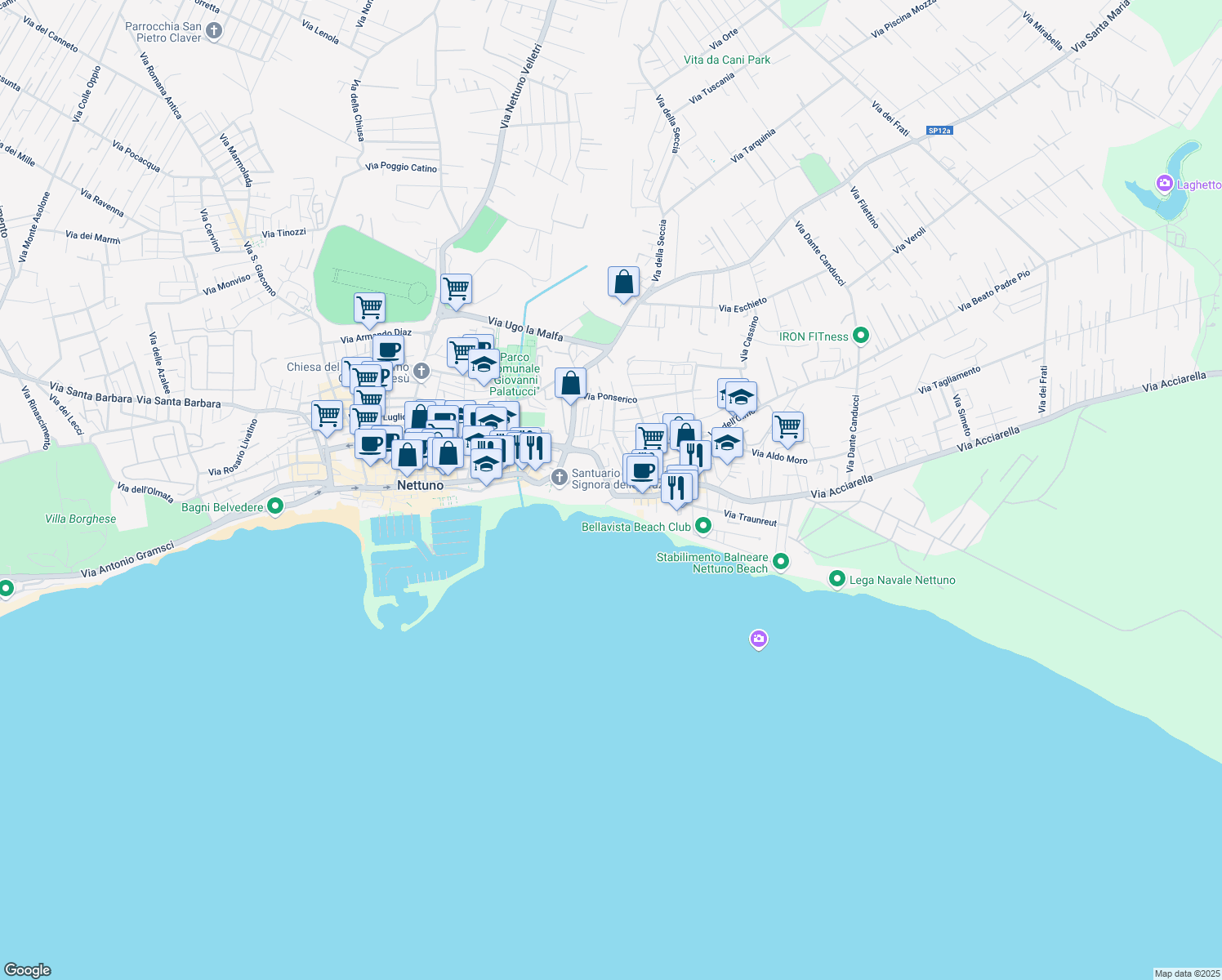 map of restaurants, bars, coffee shops, grocery stores, and more near 10 Via della Liberazione in Nettuno