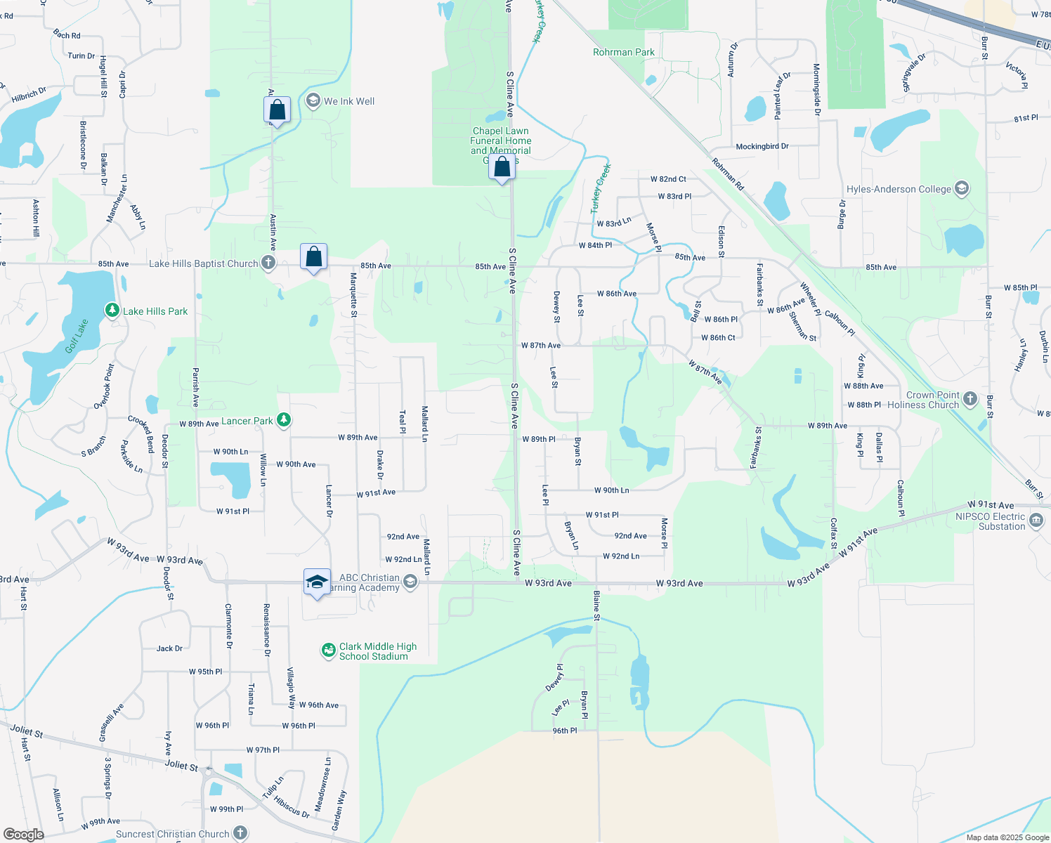 map of restaurants, bars, coffee shops, grocery stores, and more near 8909 Cline Ave in Crown Point