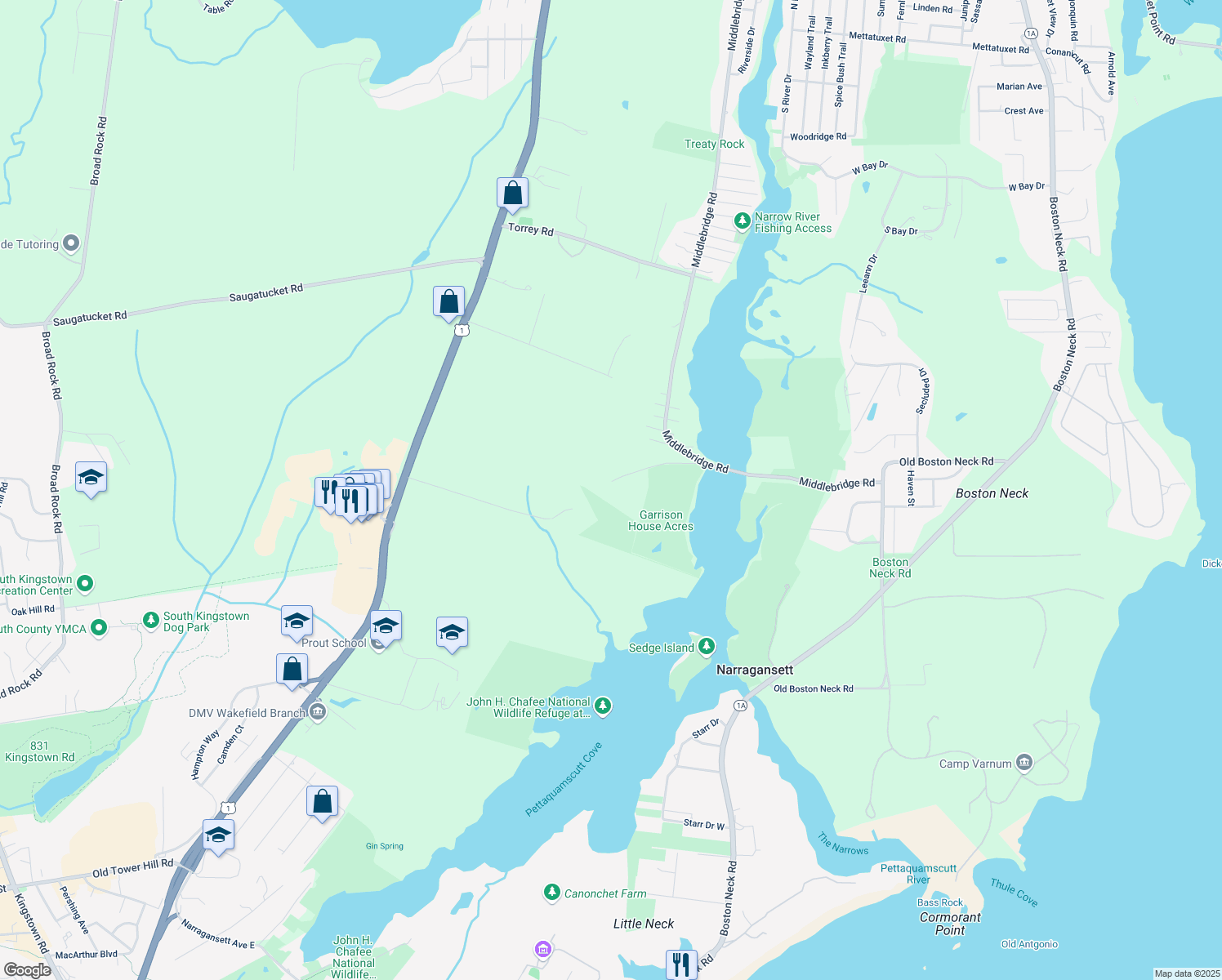 map of restaurants, bars, coffee shops, grocery stores, and more near 160 Middlebridge Road in South Kingstown