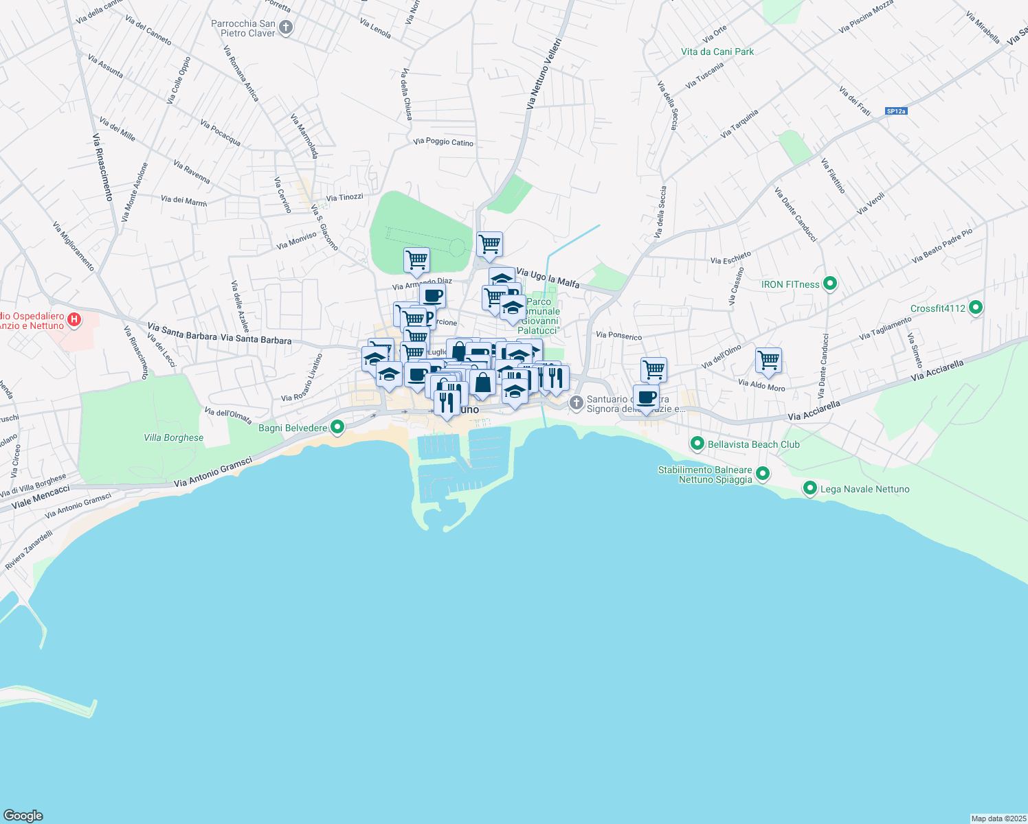 map of restaurants, bars, coffee shops, grocery stores, and more near Via Amerigo Vespucci in Nettuno