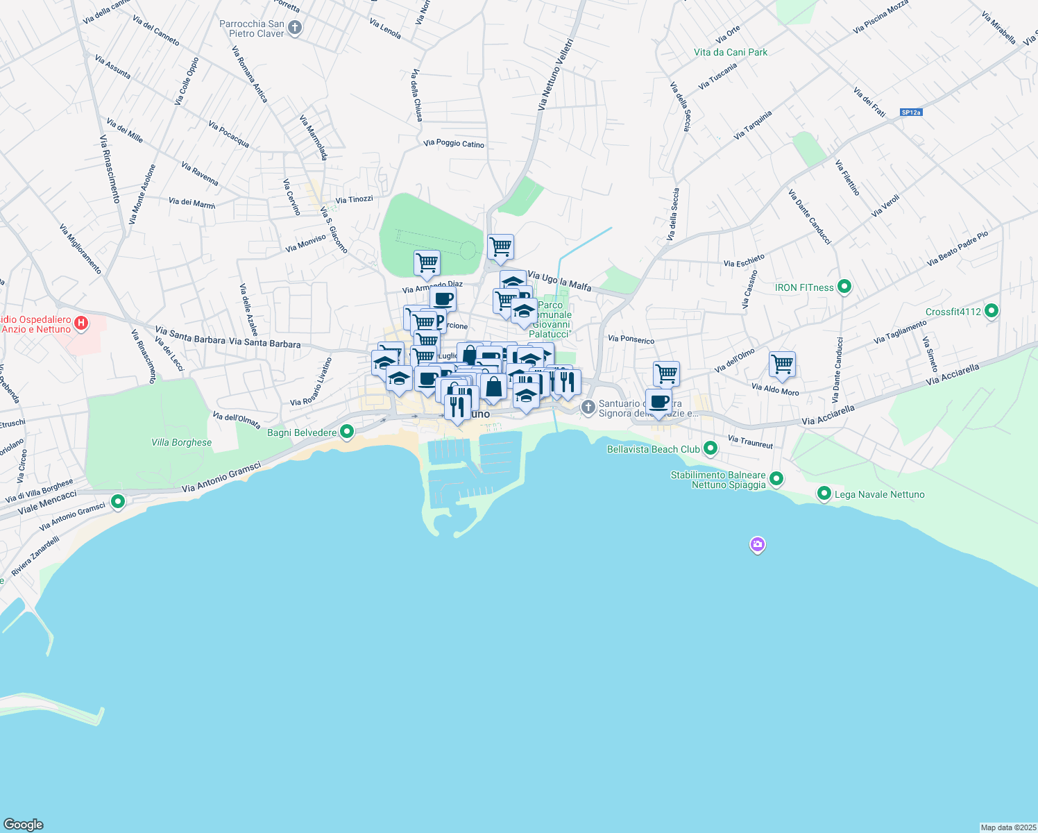 map of restaurants, bars, coffee shops, grocery stores, and more near 3 Via Amerigo Vespucci in Nettuno