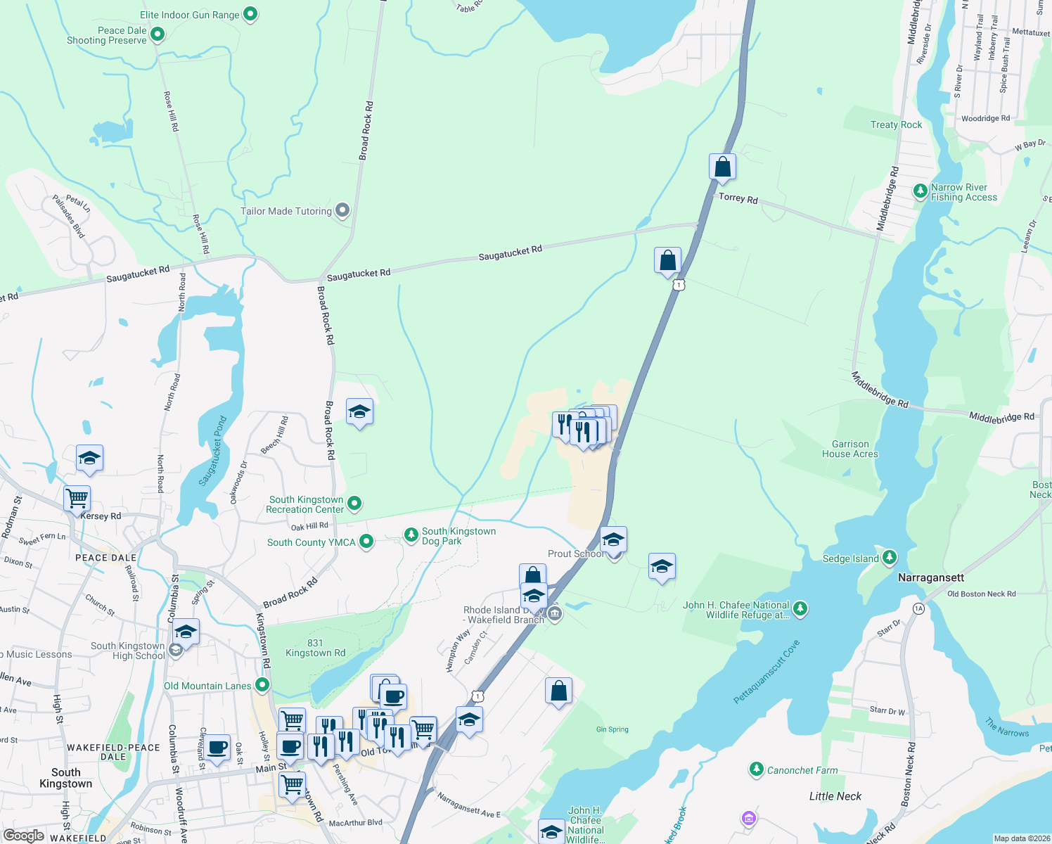 map of restaurants, bars, coffee shops, grocery stores, and more near 74-80 Preservation Way in South Kingstown