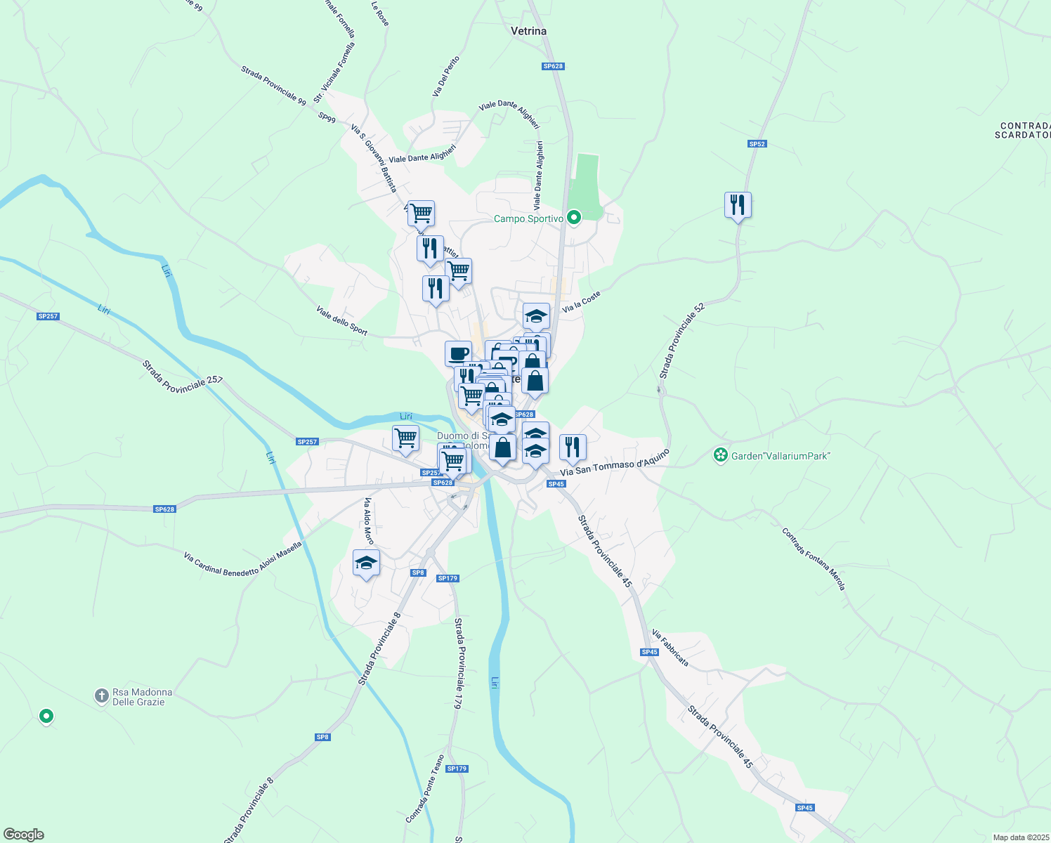 map of restaurants, bars, coffee shops, grocery stores, and more near 58 Strada Provinciale Leuciana in Pontecorvo