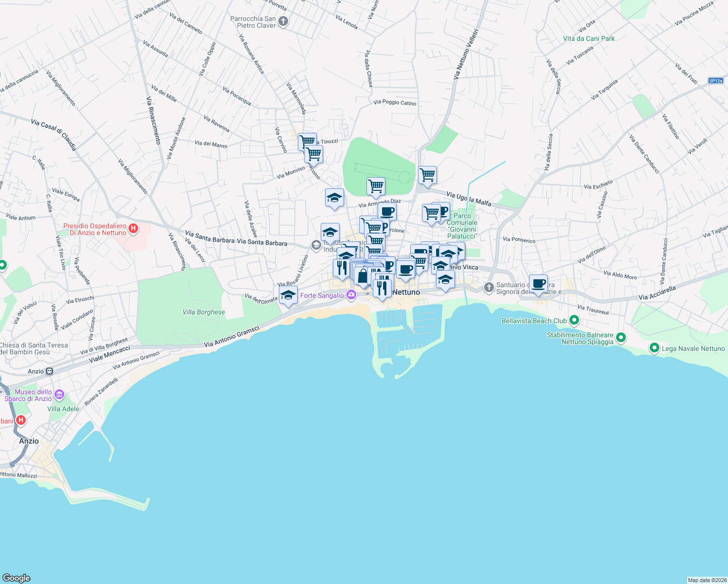 map of restaurants, bars, coffee shops, grocery stores, and more near Via Antonio Gramsci in Nettuno