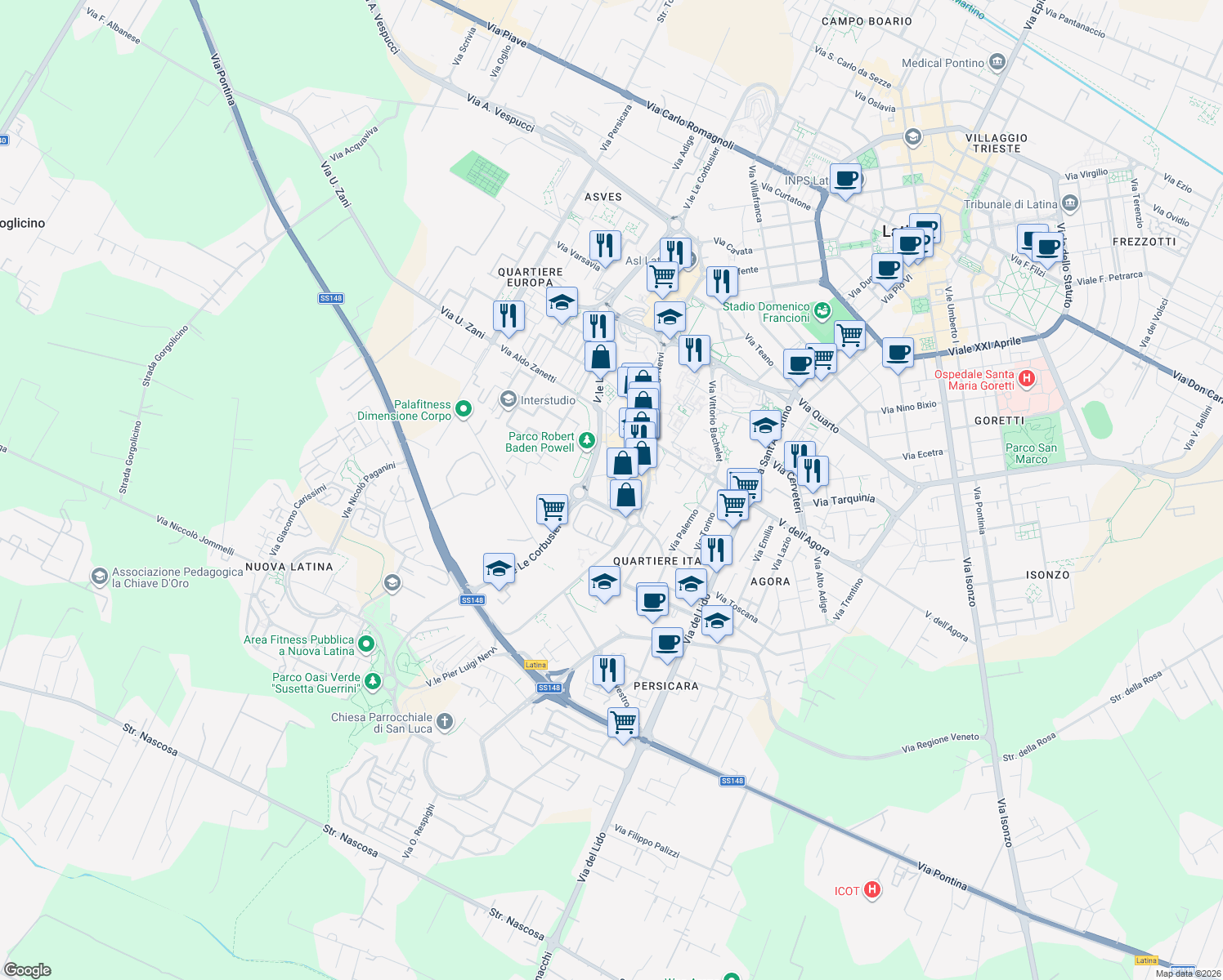 map of restaurants, bars, coffee shops, grocery stores, and more near 297 Viale Le Corbousier in Latina