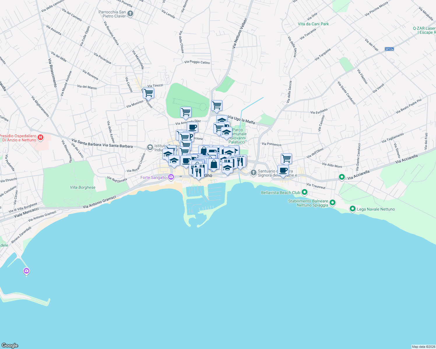 map of restaurants, bars, coffee shops, grocery stores, and more near Via Amerigo Vespucci in Nettuno
