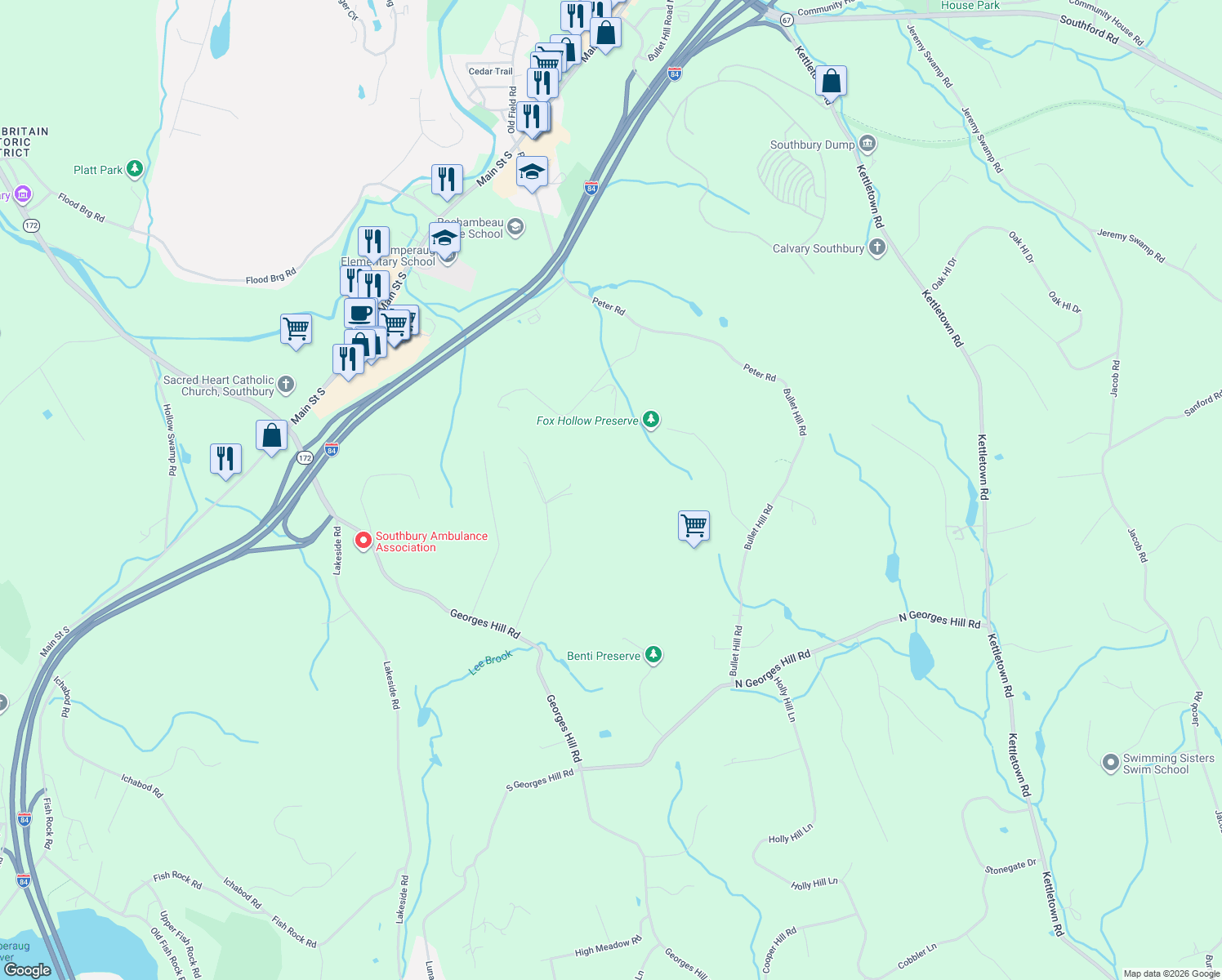 map of restaurants, bars, coffee shops, grocery stores, and more near 192 Little Fox Lane in Southbury