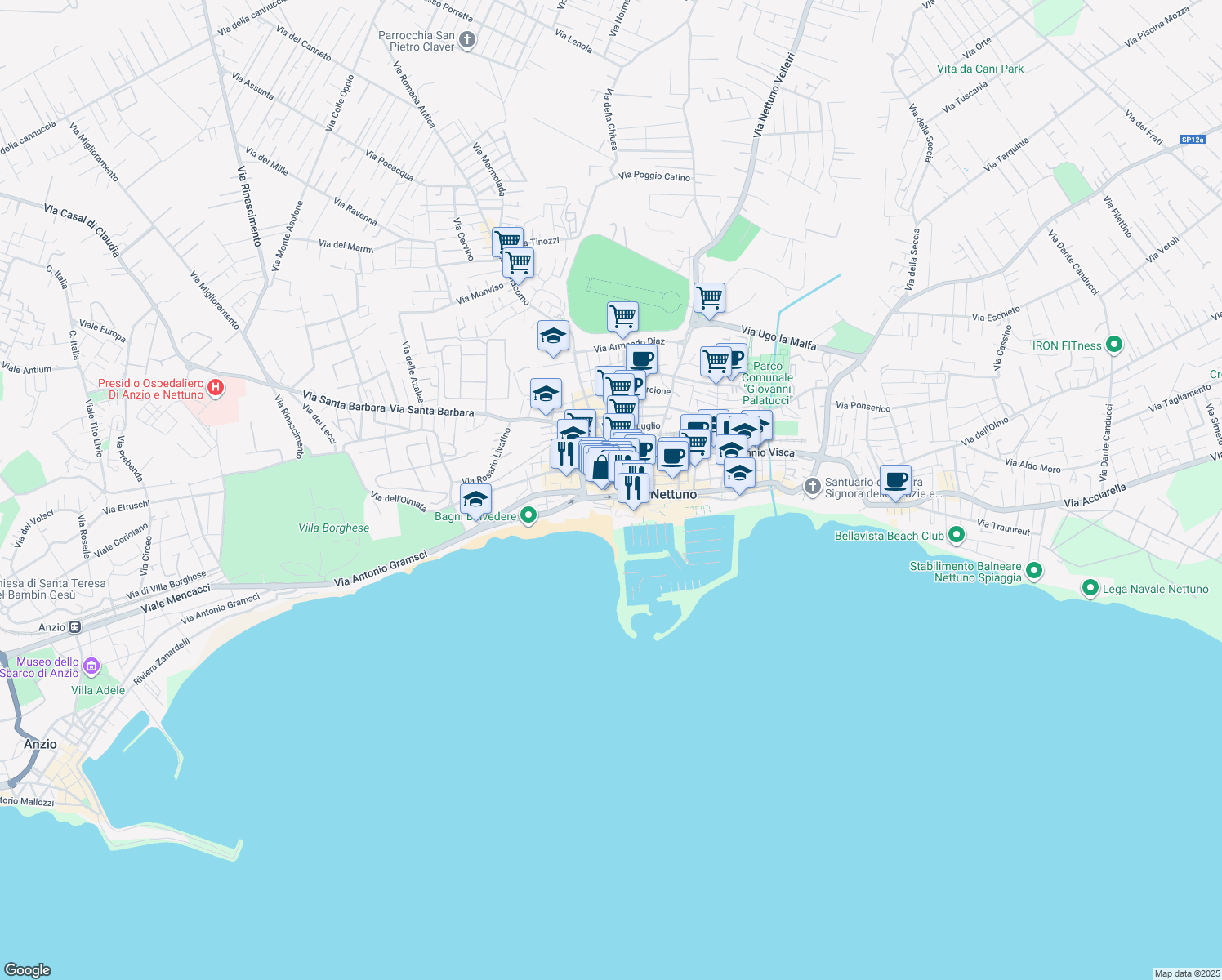 map of restaurants, bars, coffee shops, grocery stores, and more near Via Antonio Gramsci in Nettuno