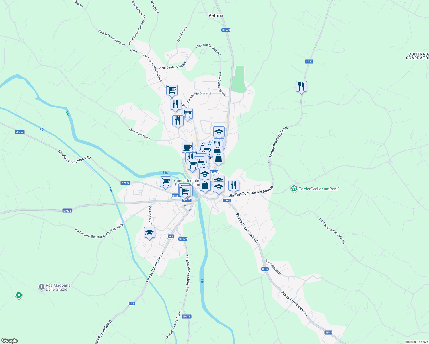 map of restaurants, bars, coffee shops, grocery stores, and more near 58 Strada Provinciale Leuciana in Pontecorvo