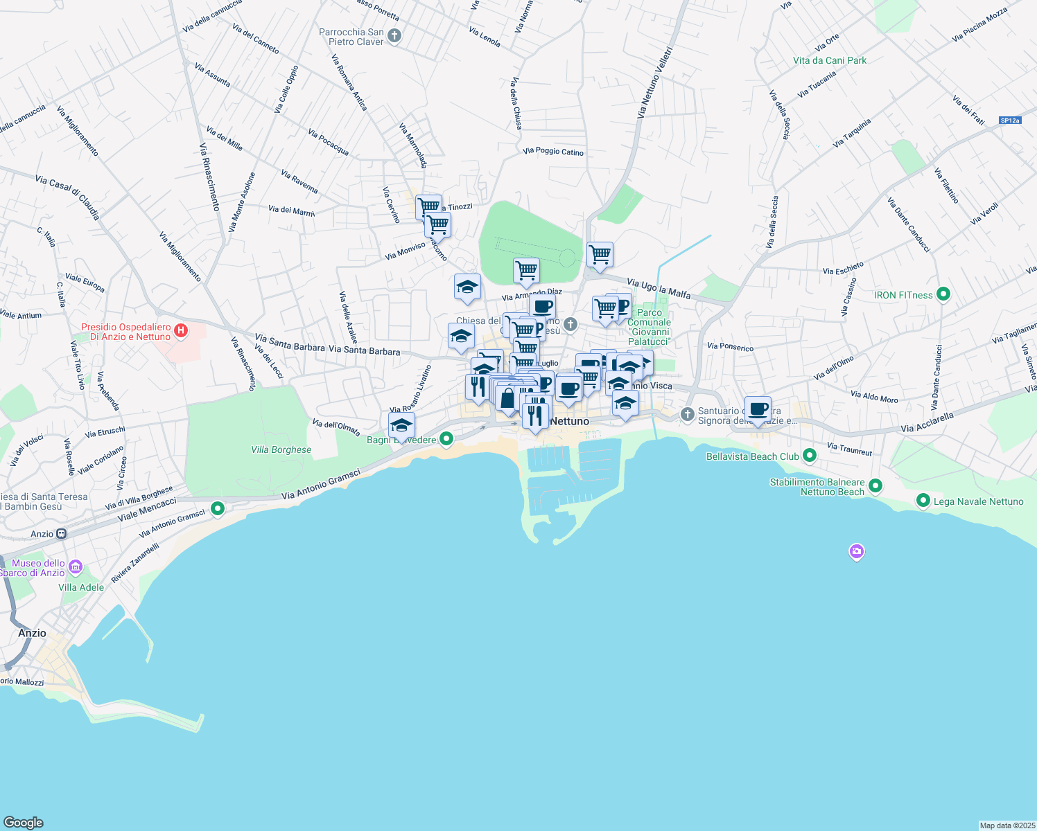 map of restaurants, bars, coffee shops, grocery stores, and more near Via Antonio Gramsci in Nettuno