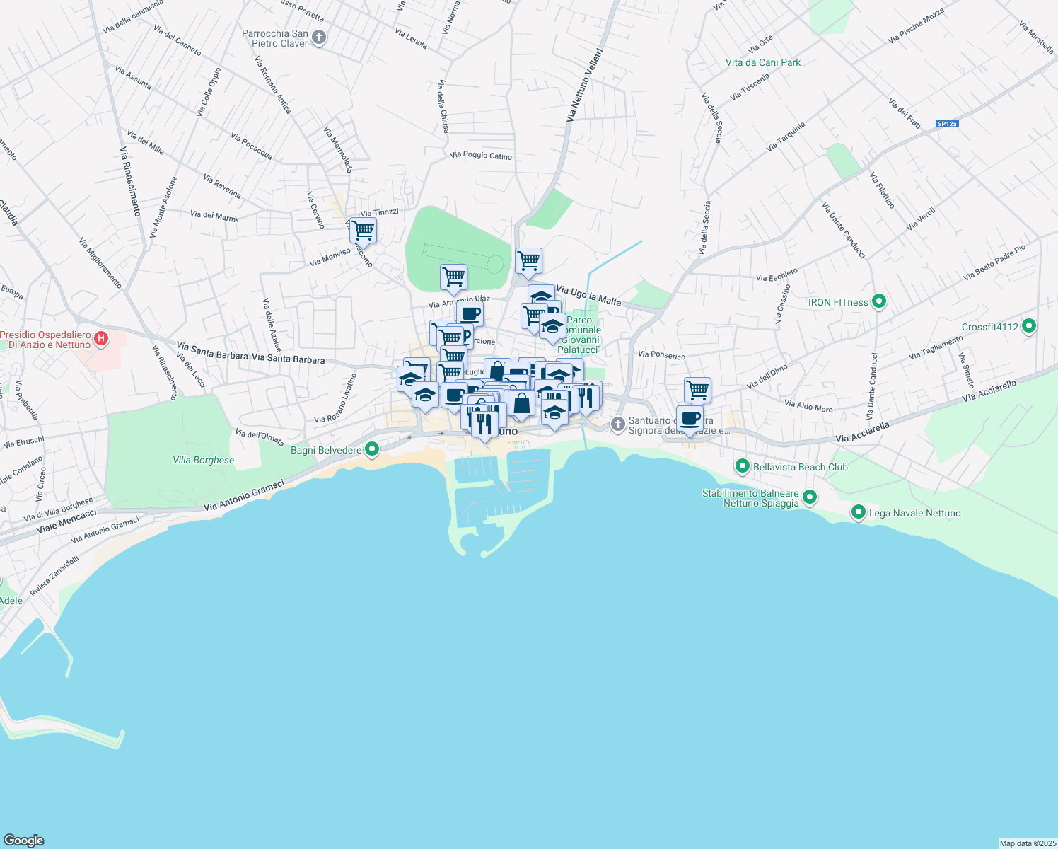 map of restaurants, bars, coffee shops, grocery stores, and more near Via Amerigo Vespucci in Nettuno