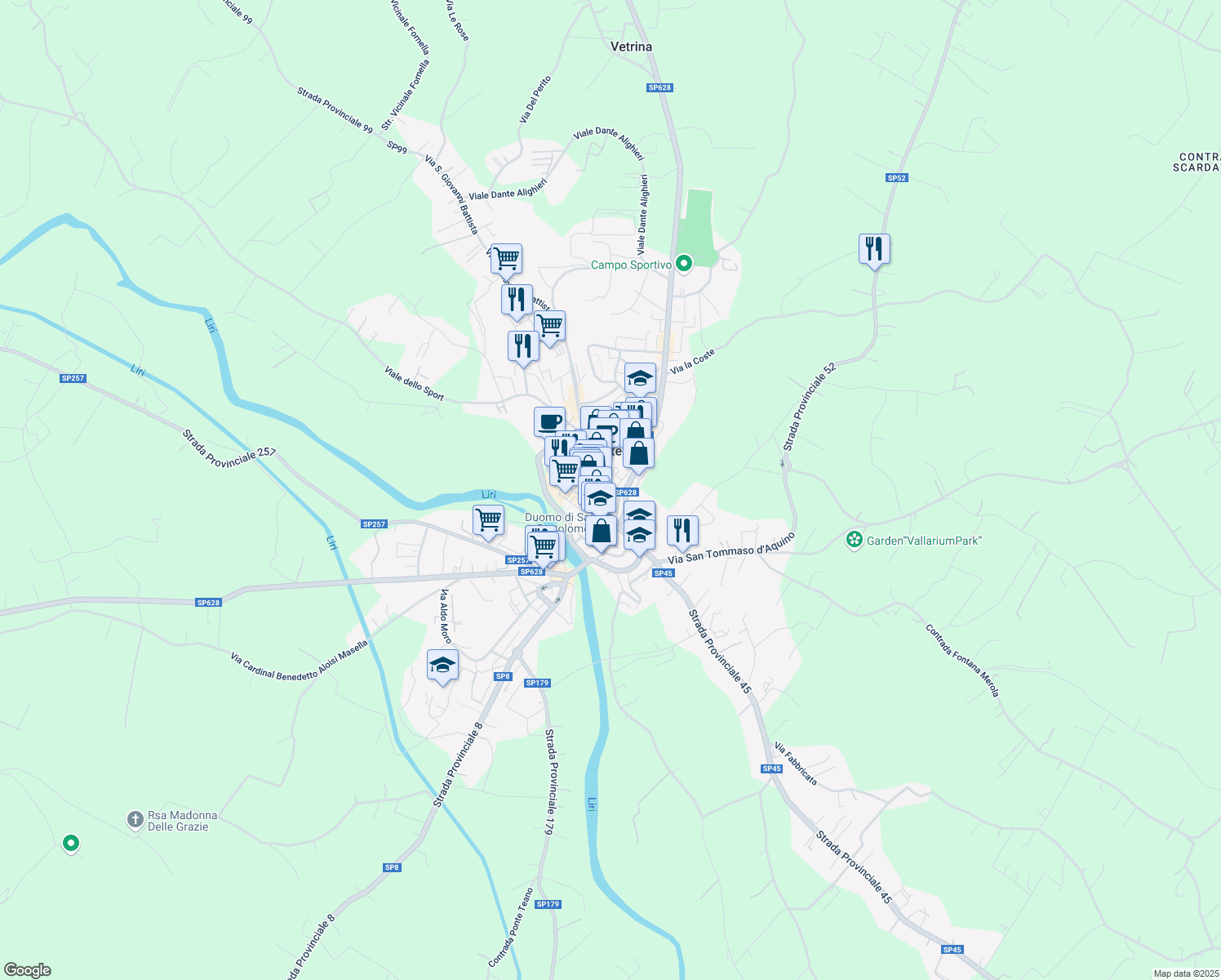 map of restaurants, bars, coffee shops, grocery stores, and more near 58 Strada Provinciale Leuciana in Pontecorvo