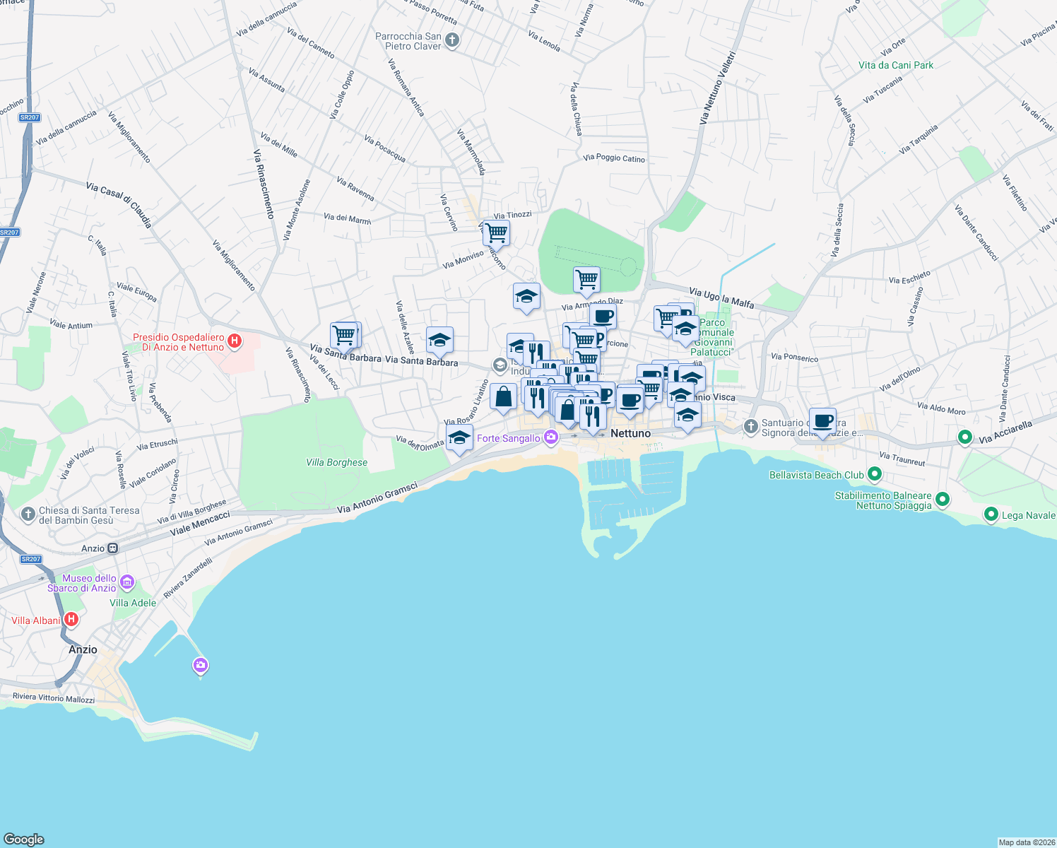map of restaurants, bars, coffee shops, grocery stores, and more near 3 Via Stazione Vecchia in Nettuno