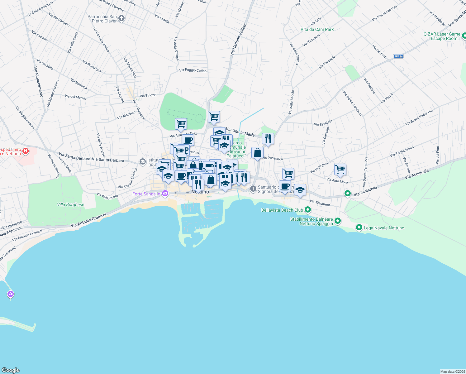 map of restaurants, bars, coffee shops, grocery stores, and more near 119 Viale Giacomo Matteotti in Nettuno