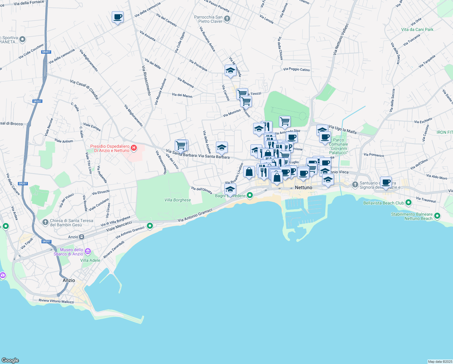 map of restaurants, bars, coffee shops, grocery stores, and more near 33 Via Zaccaria Negroni in Nettuno
