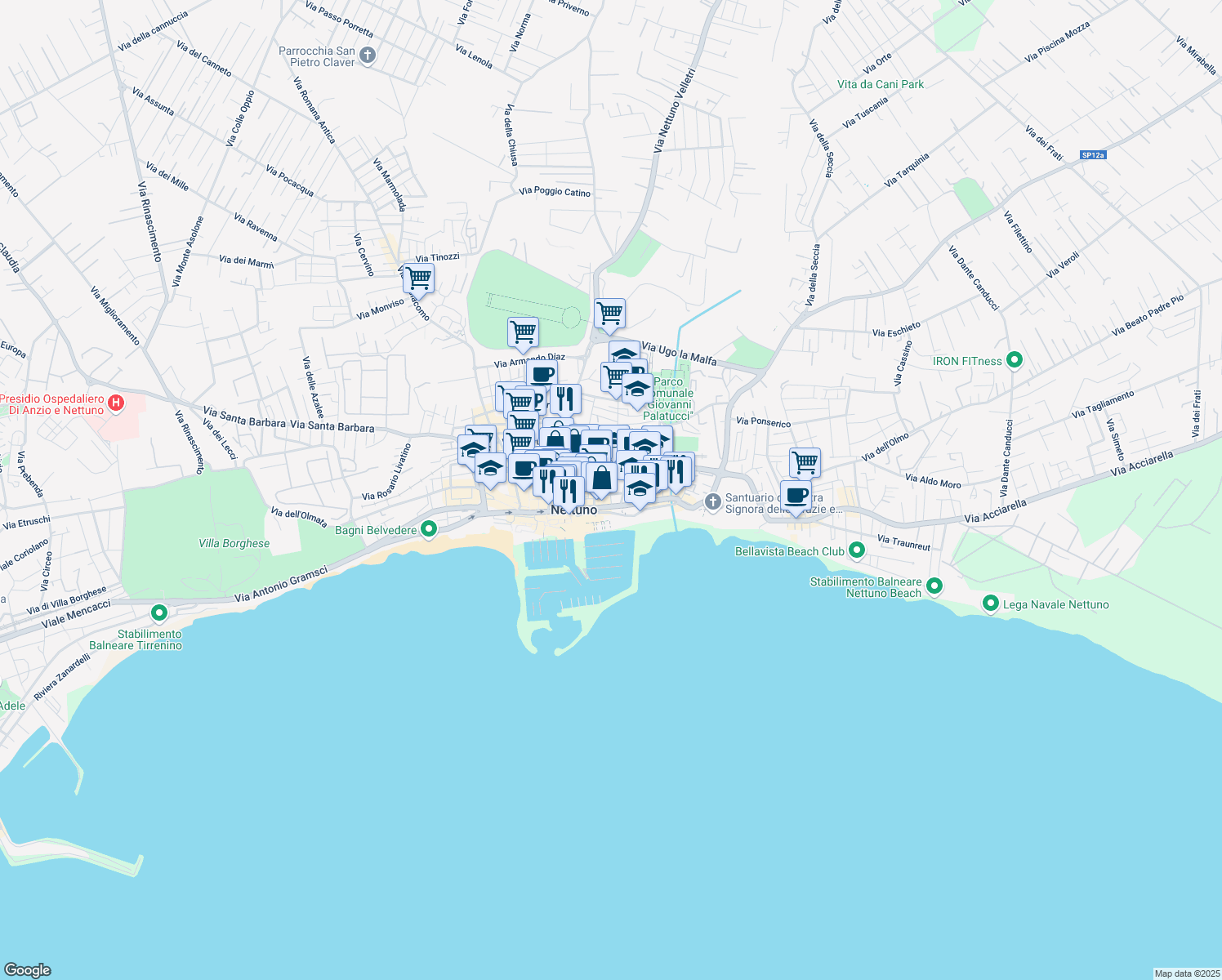 map of restaurants, bars, coffee shops, grocery stores, and more near 6 Via Ennio Visca in Nettuno
