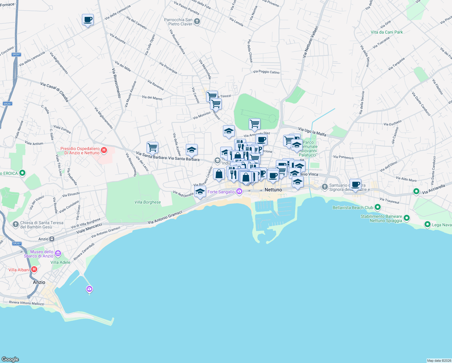 map of restaurants, bars, coffee shops, grocery stores, and more near 70 Via dell'Olmata in Nettuno