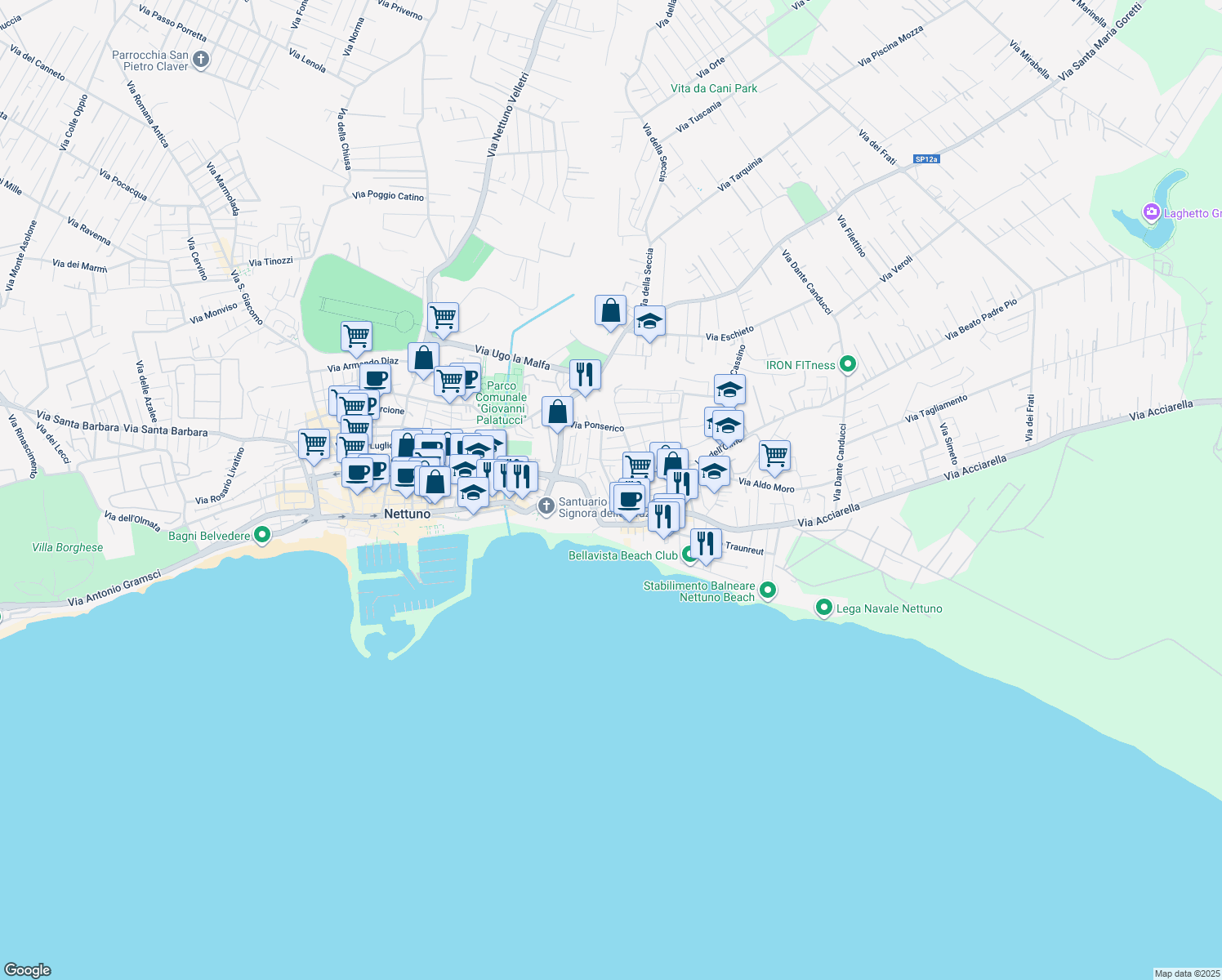map of restaurants, bars, coffee shops, grocery stores, and more near 26 Via dei Pioppi in Nettuno
