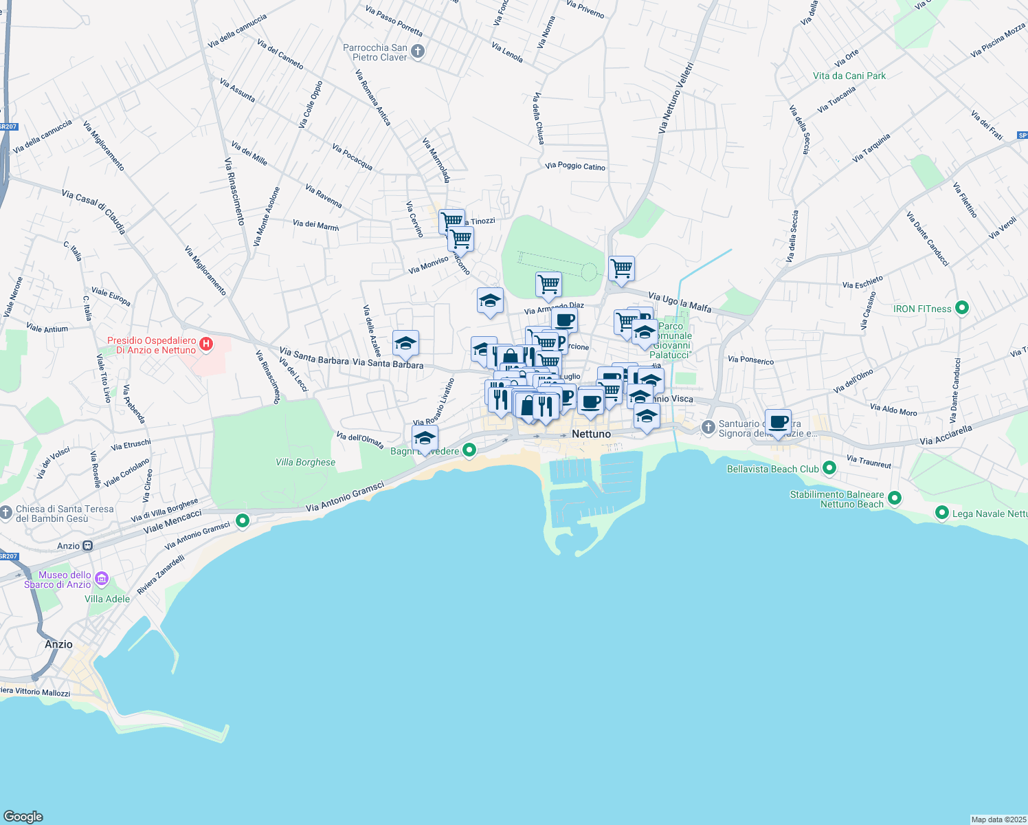 map of restaurants, bars, coffee shops, grocery stores, and more near 15B Via Santa Barbara in Nettuno