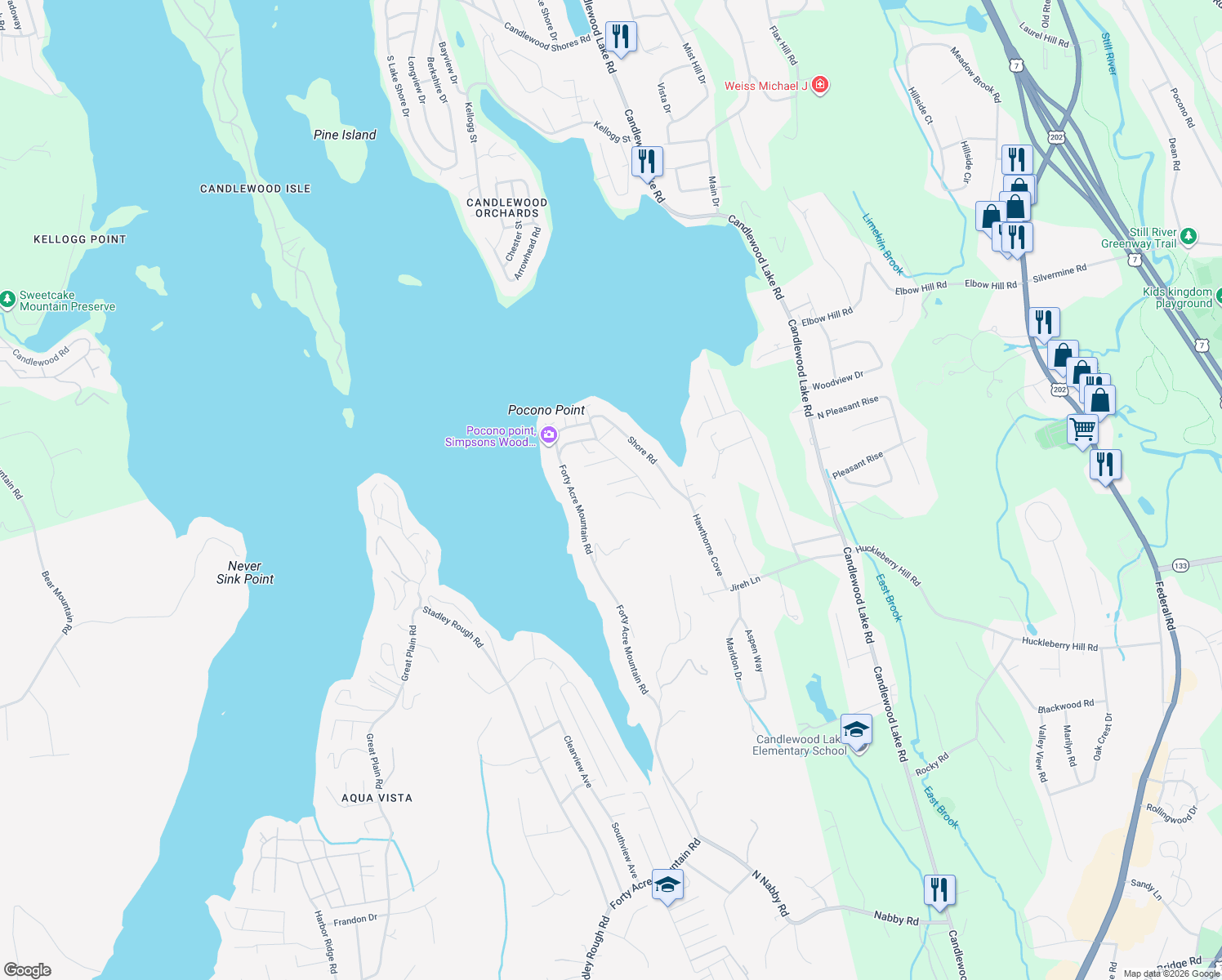 map of restaurants, bars, coffee shops, grocery stores, and more near 4 Hillcrest Road in Danbury