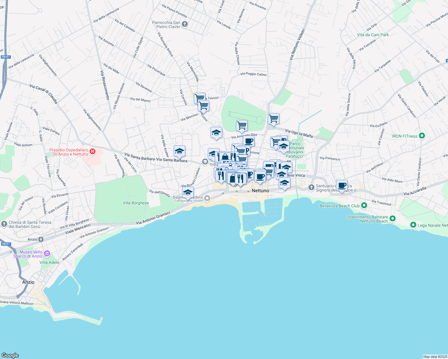 map of restaurants, bars, coffee shops, grocery stores, and more near 15B Via Santa Barbara in Nettuno