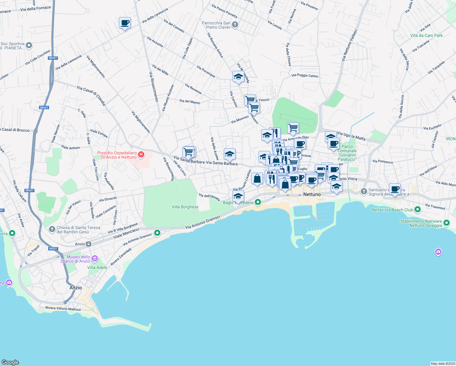 map of restaurants, bars, coffee shops, grocery stores, and more near 33 Via Zaccaria Negroni in Nettuno