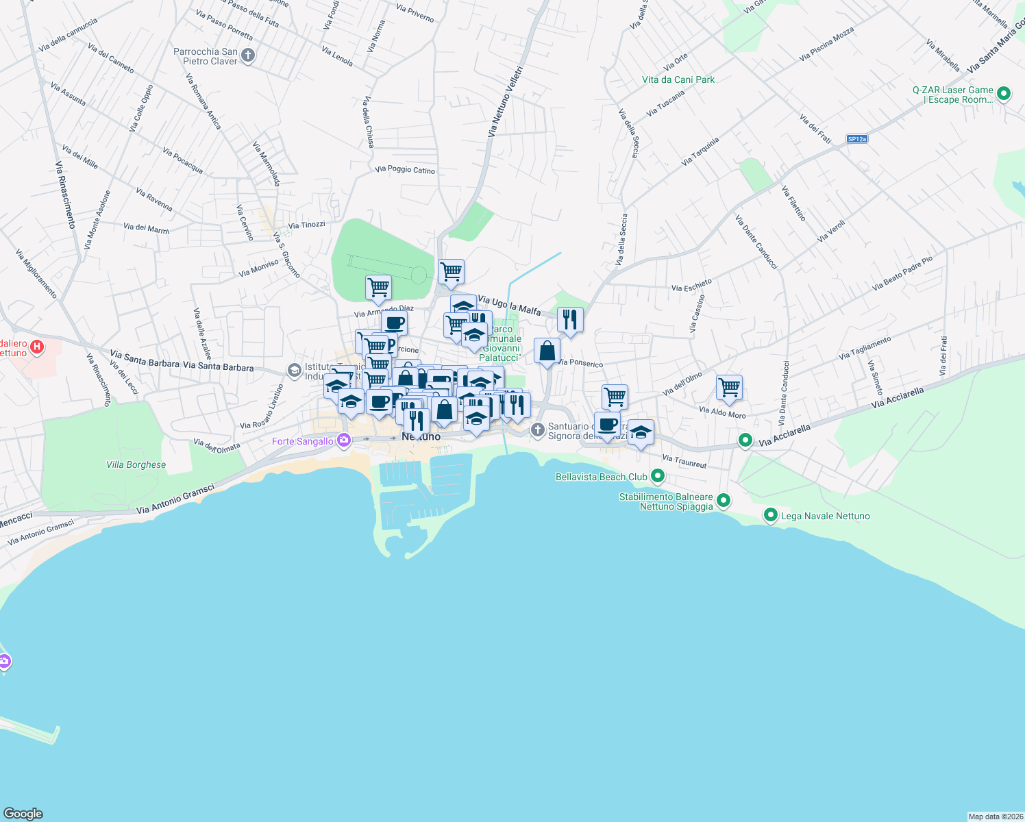 map of restaurants, bars, coffee shops, grocery stores, and more near 119 via Giacomo Matteotti in Nettuno