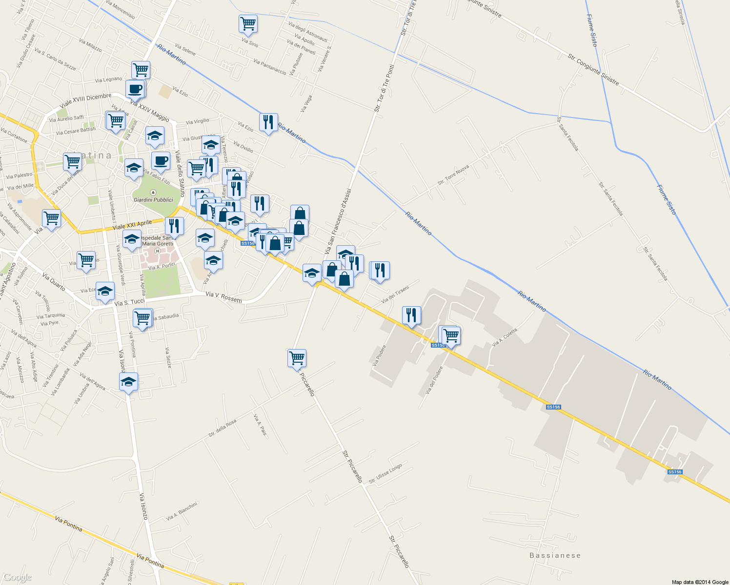 map of restaurants, bars, coffee shops, grocery stores, and more near Via dei Greci in Latina