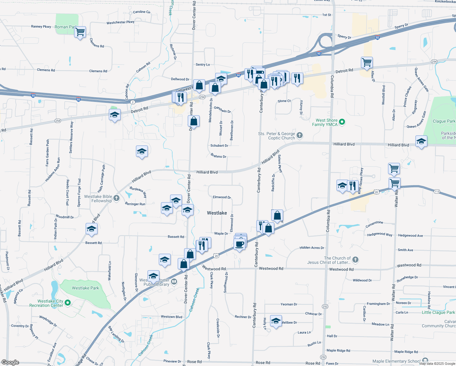 map of restaurants, bars, coffee shops, grocery stores, and more near 26820 Sleepy Hollow Drive in Westlake