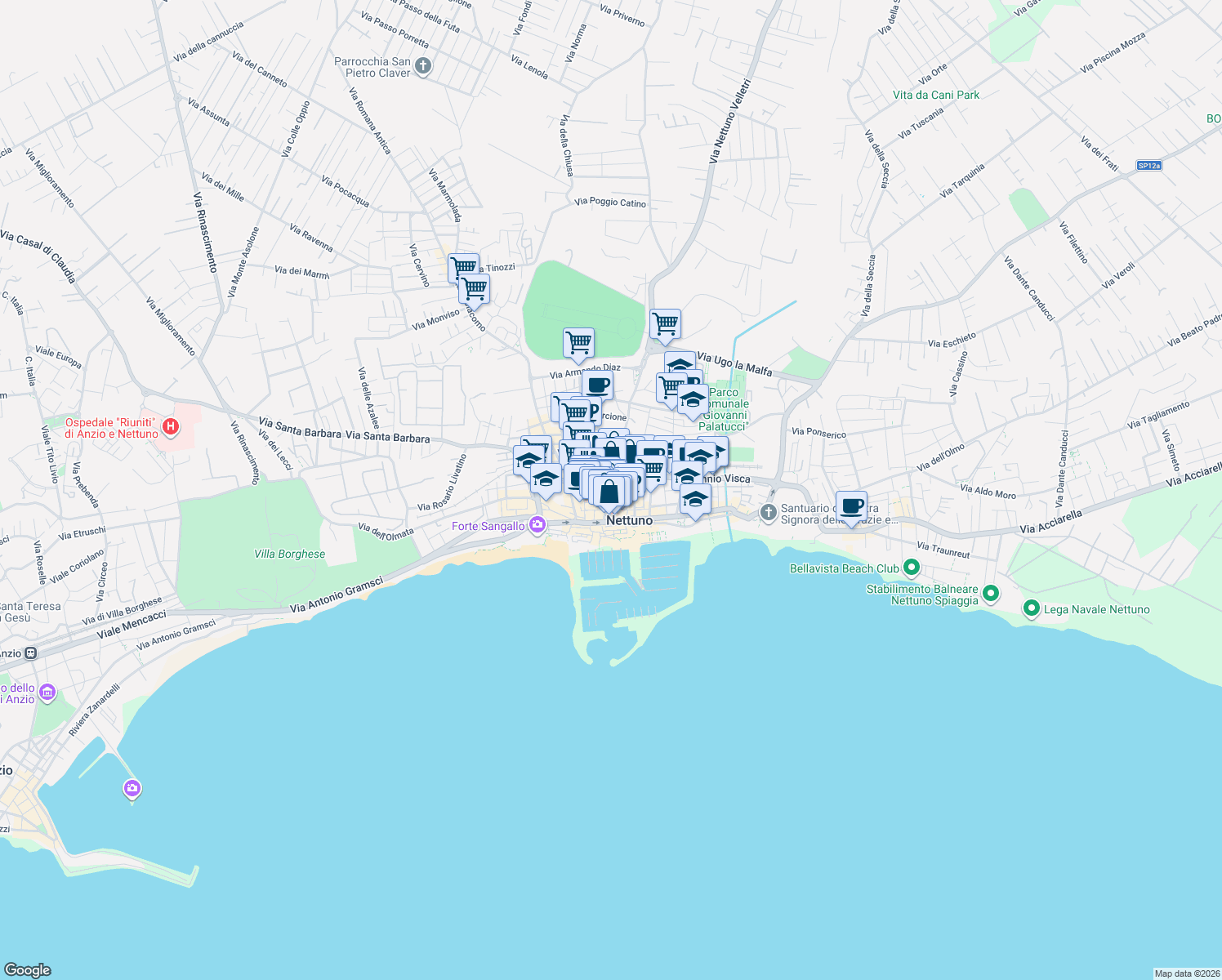 map of restaurants, bars, coffee shops, grocery stores, and more near 52 Via Santa Maria in Nettuno