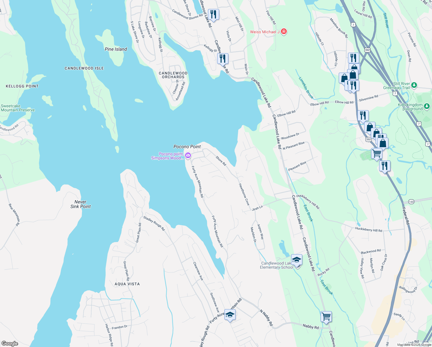 map of restaurants, bars, coffee shops, grocery stores, and more near 4 Hillcrest Road in Danbury