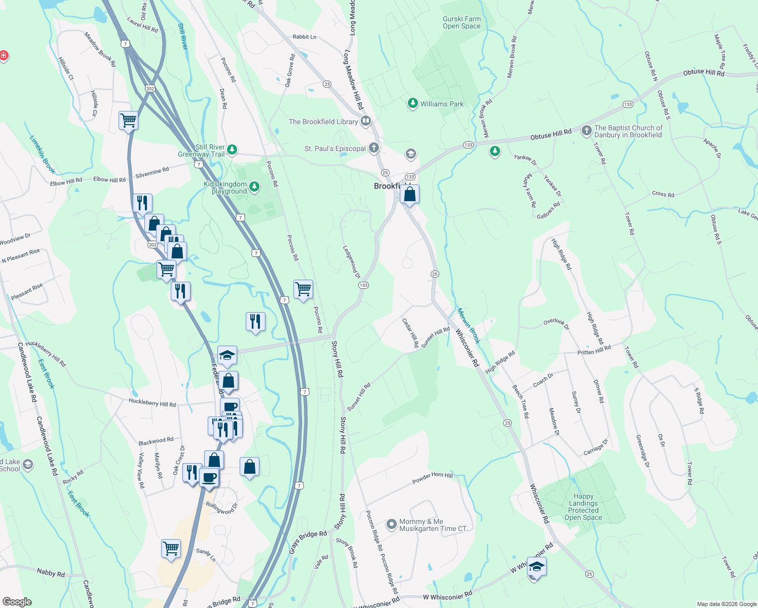 map of restaurants, bars, coffee shops, grocery stores, and more near 27 Junction Road in Brookfield
