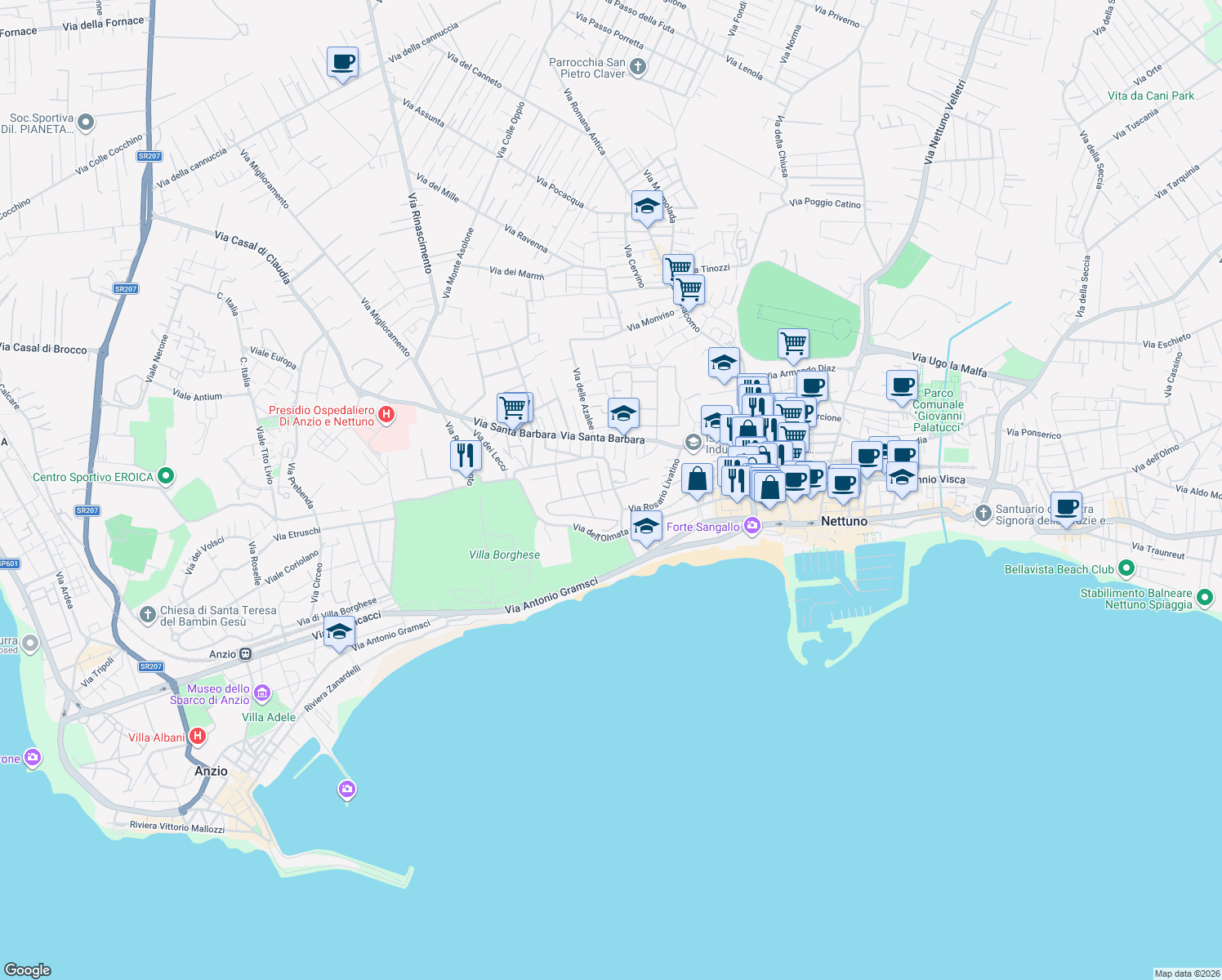 map of restaurants, bars, coffee shops, grocery stores, and more near 5 Via Zaccaria Negroni in Nettuno