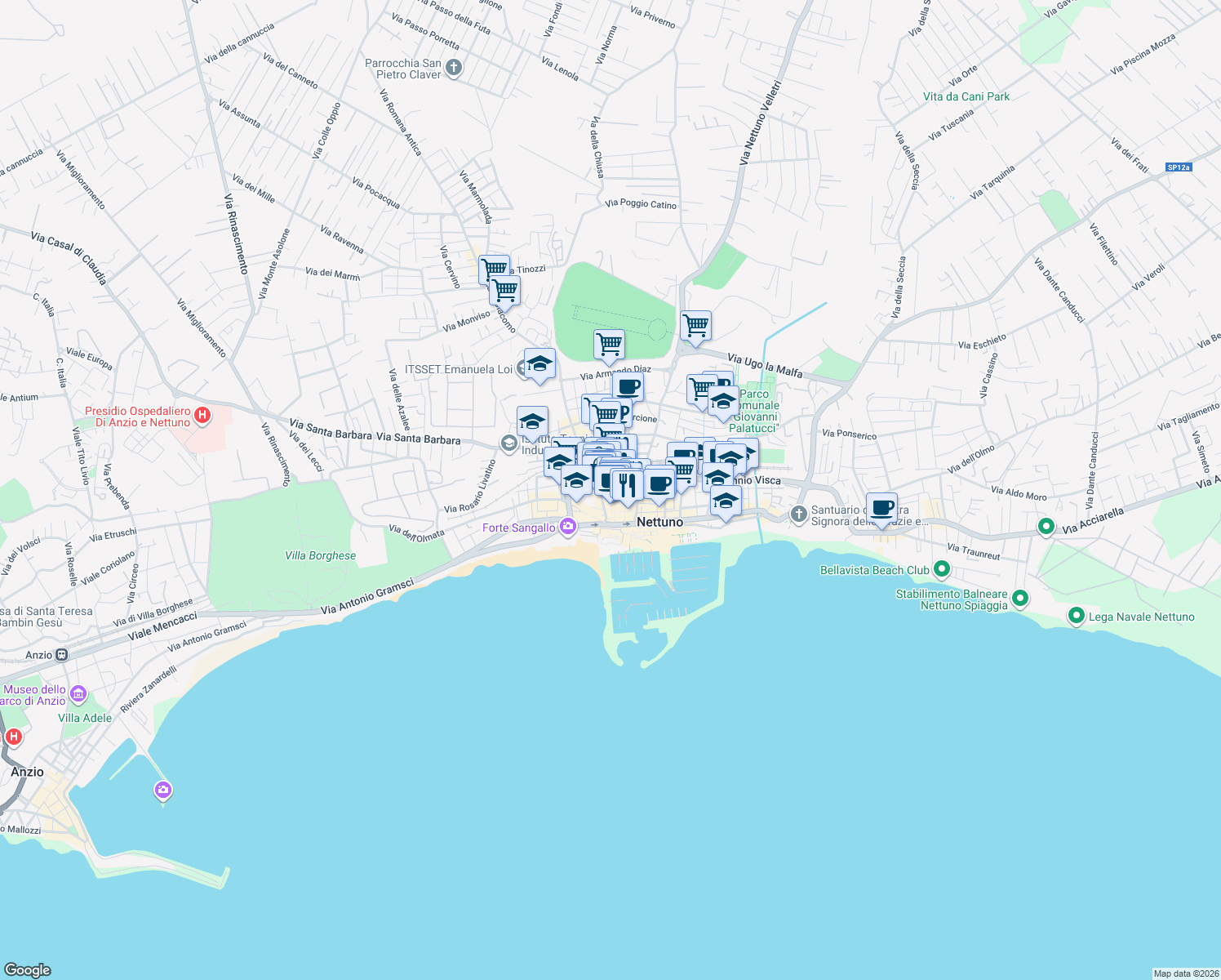 map of restaurants, bars, coffee shops, grocery stores, and more near 13 Via Vittorio Veneto in Nettuno