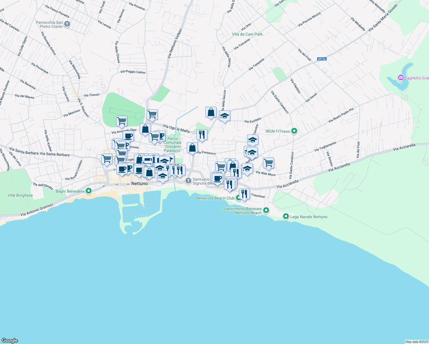 map of restaurants, bars, coffee shops, grocery stores, and more near 26 Via dei Pioppi in Nettuno