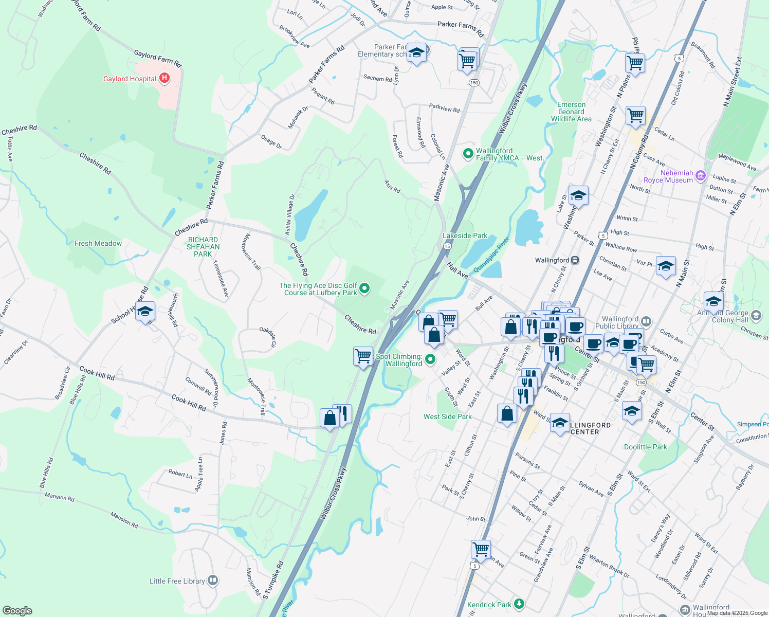 map of restaurants, bars, coffee shops, grocery stores, and more near 5 Masonic Avenue in Wallingford